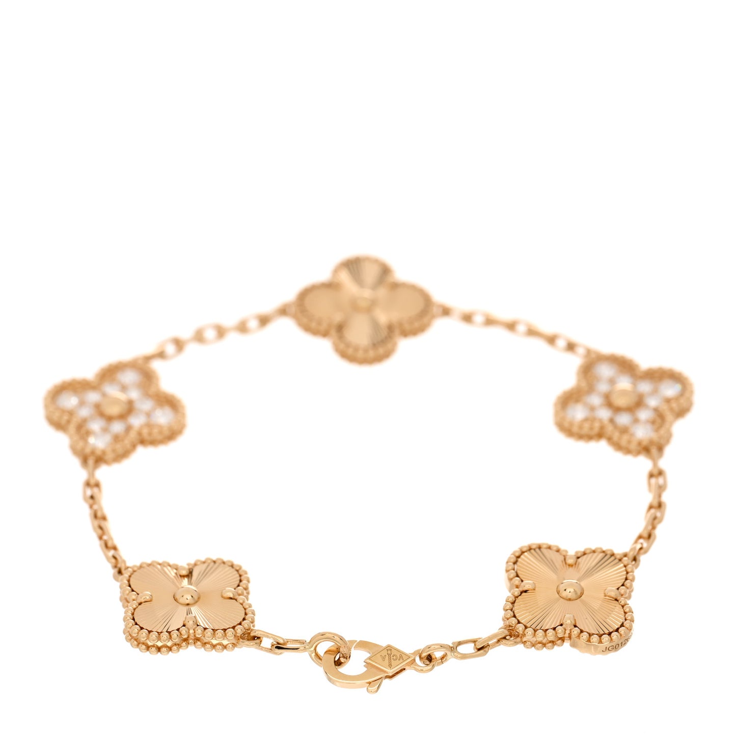 18K Yellow Gold Diamond 5 Motifs Guilloche Vintage Alhambra Bracelet