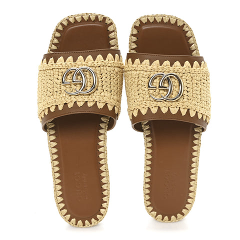 Raffia Interlocking G Flat Slide Sandals 37.5 Bright Natural Sundial
