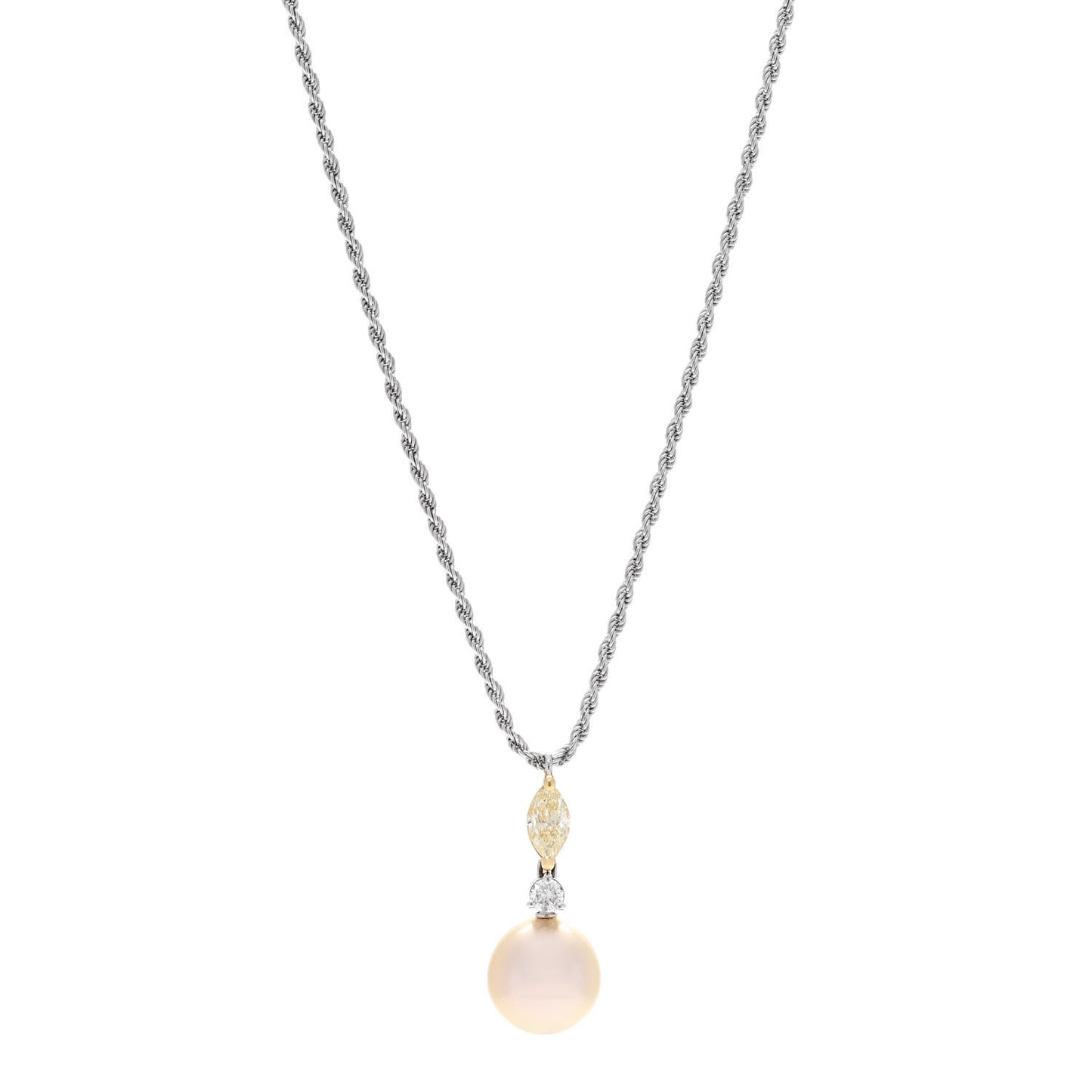 18K White Gold Yellow Diamond Freshwater Cultured Pearl Drop Cluster Pendant Necklace