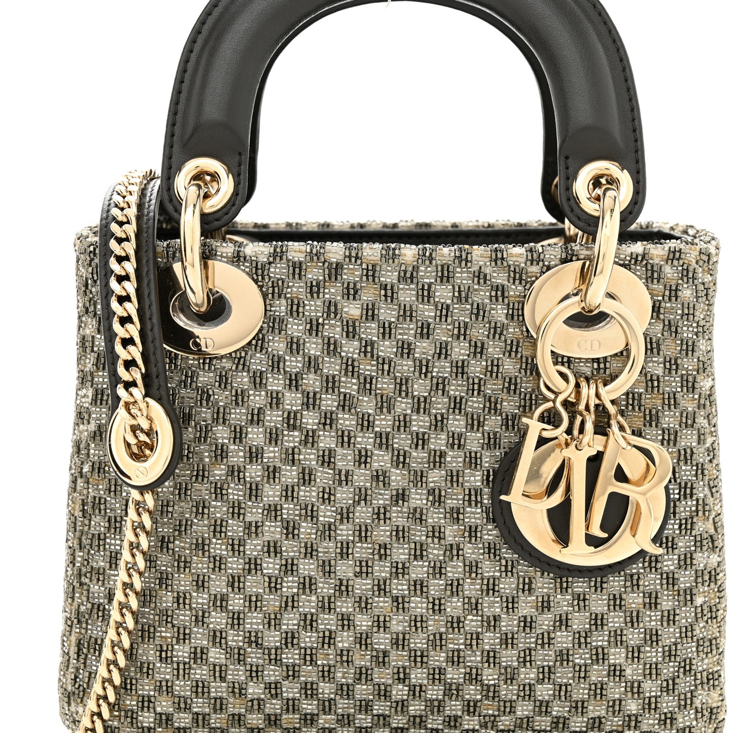 Calfskin Beaded Checkered Mini Lady Dior Grey White