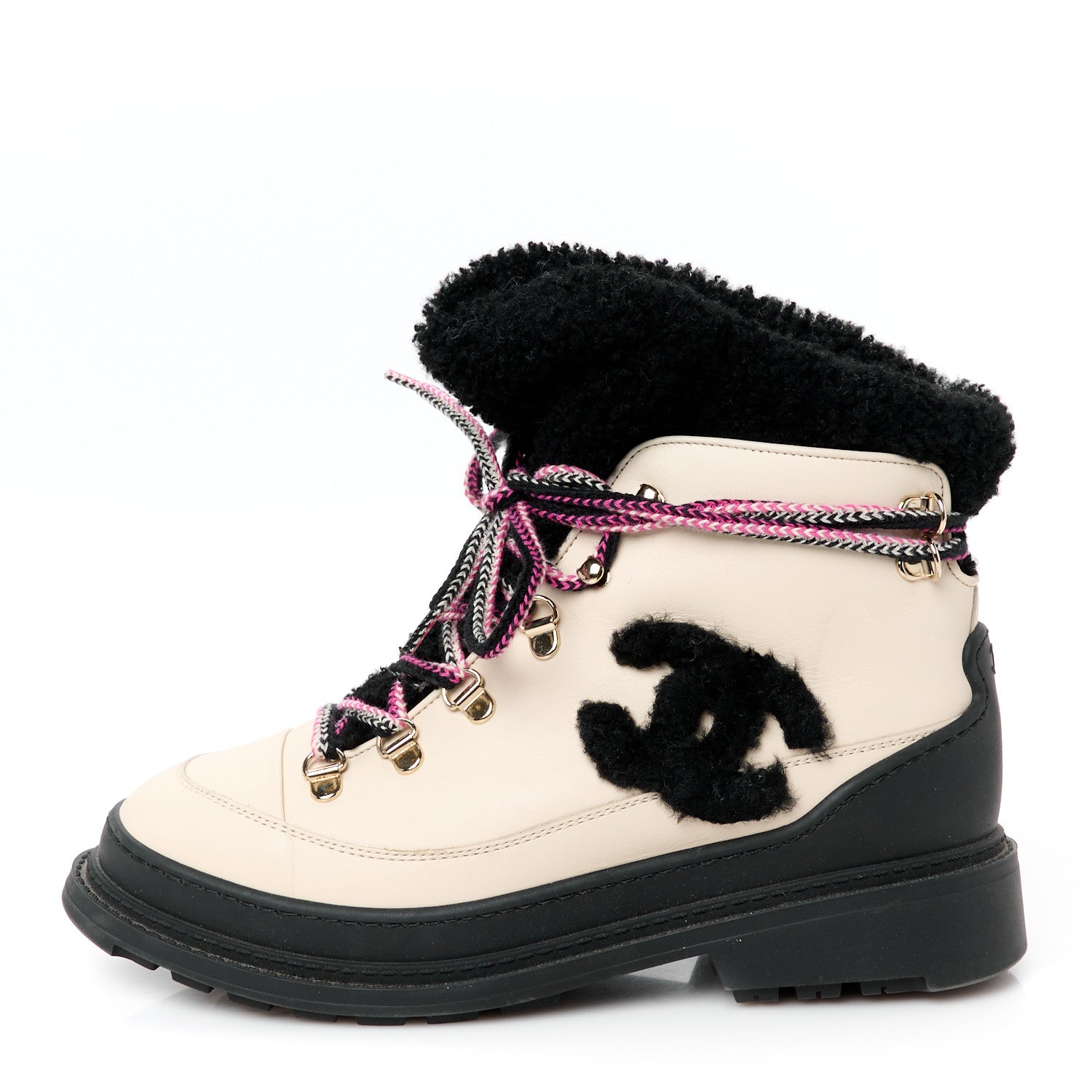 Chanel Calfskin Shearling CC Lace Up Boots 38 Black White 1740634