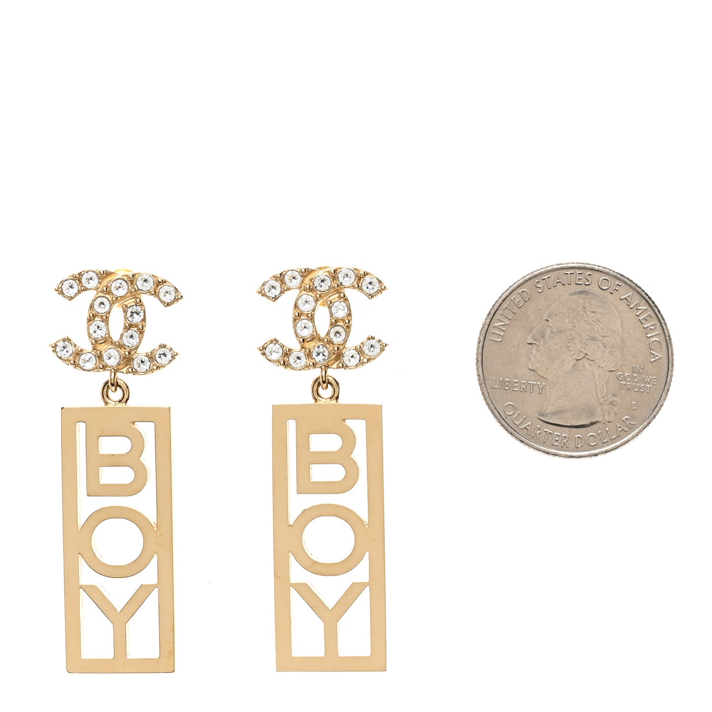 Metal Crystal CC Boy Drop Earrings Gold