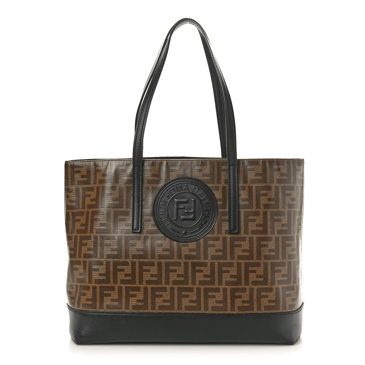 Fendi Glazed Fabric Vitello Century FF 1974 Stamp Patch Shopping Tote Mogano Panna Black 1 of 10