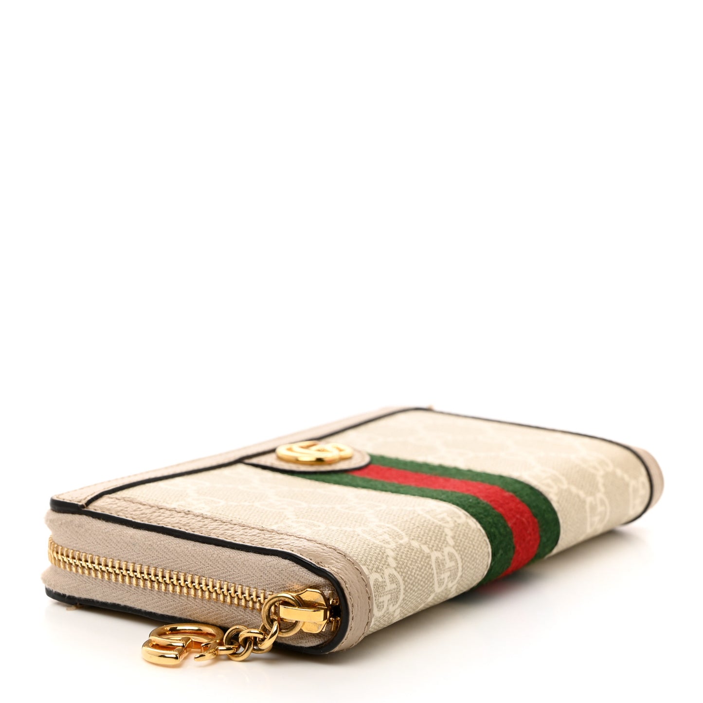 GG Supreme Monogram Textured Dollar Calfskin Web Ophidia Zip Around Wallet Beige Mystic White Oatmeal