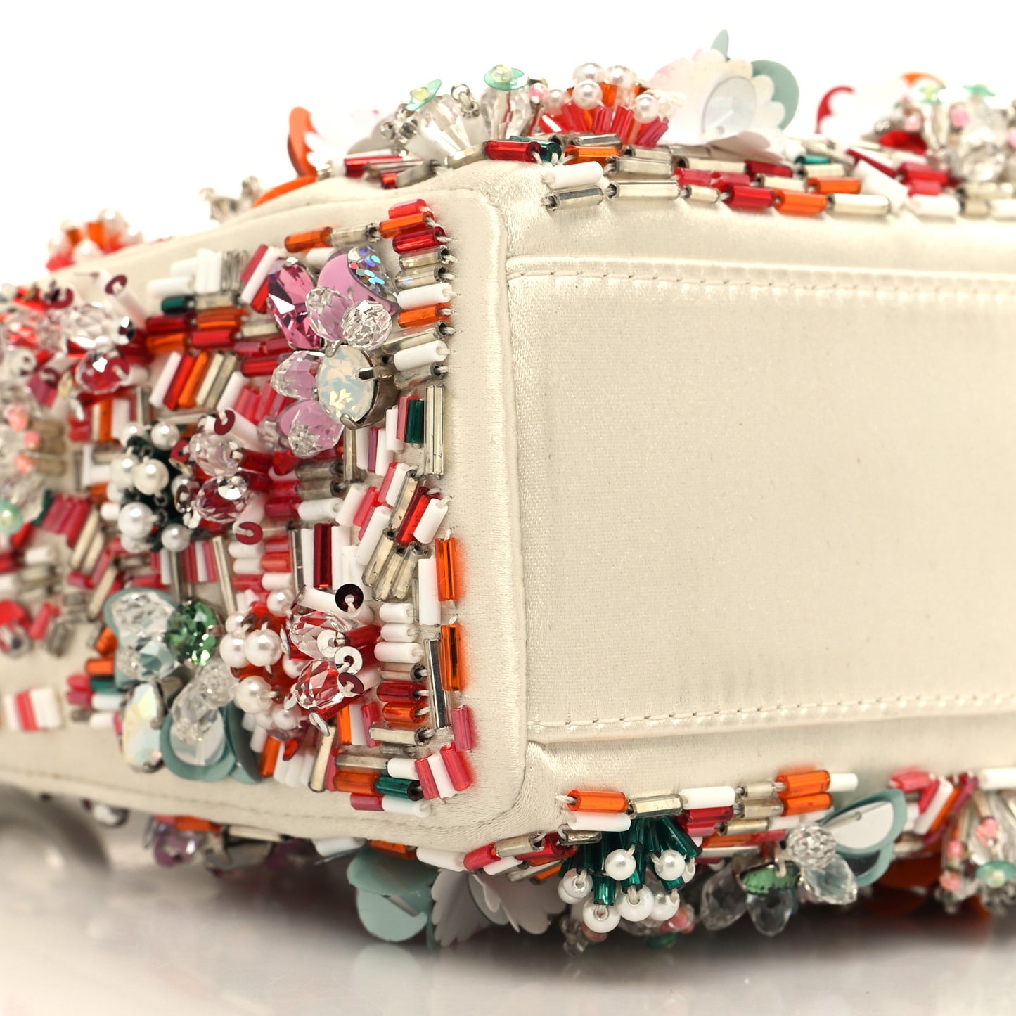 Satin Beaded Floral Embroidered Mini Lady Dior White Multicolor
