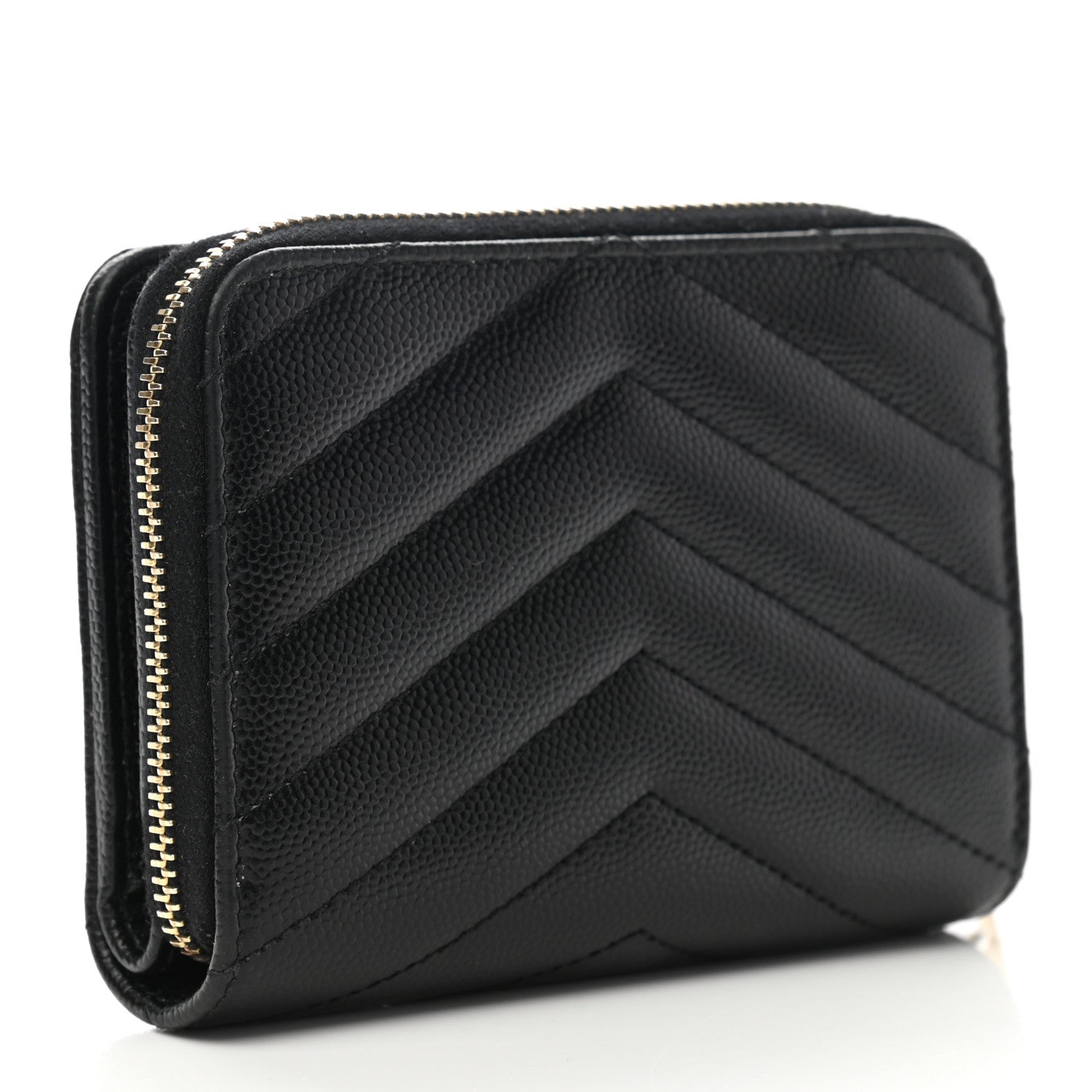 Saint Laurent Grain De Poudre Matelasse Chevron Monogram Compact Zip Around Wallet Black 3 of 7