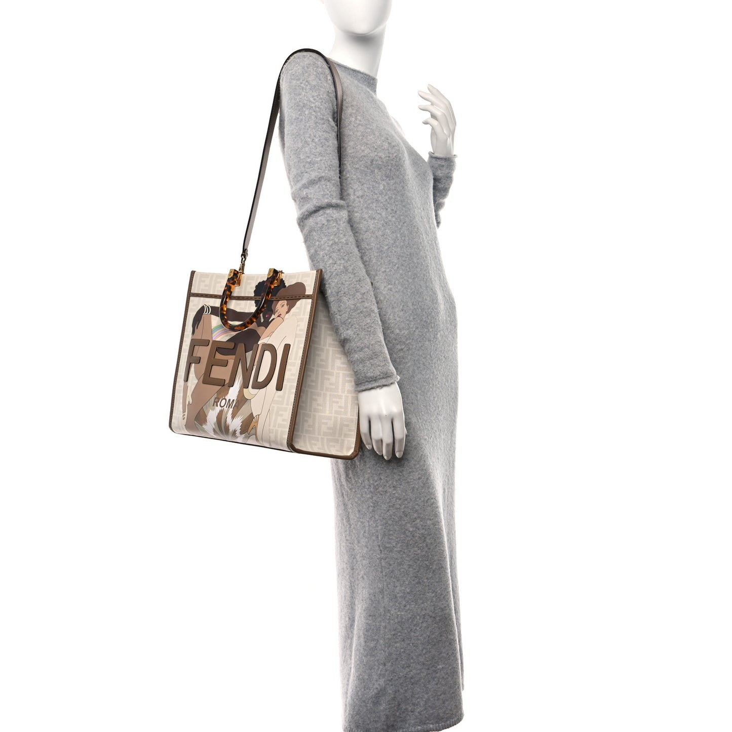 Glazed Fabric Plexiglass FF Logo Bikini Girls Medium Sunshine Shopper Tote Bianco Perla Multicolor Miele Scuro
