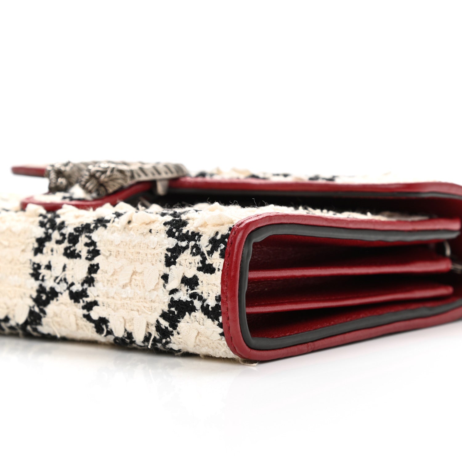 Gucci Tweed GG Monogram Mini Dionysus Chain Wallet White Black Romantic Cherry 9 of 10