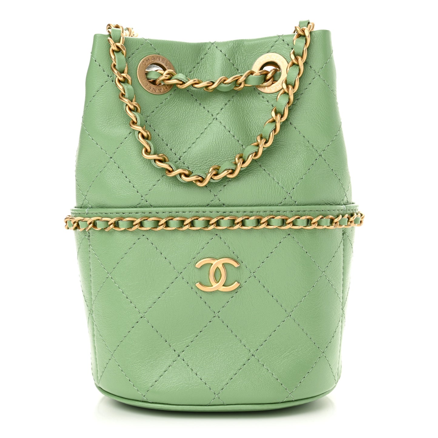 Shiny Lambskin Quilted Nauticoco Bucket Light Green