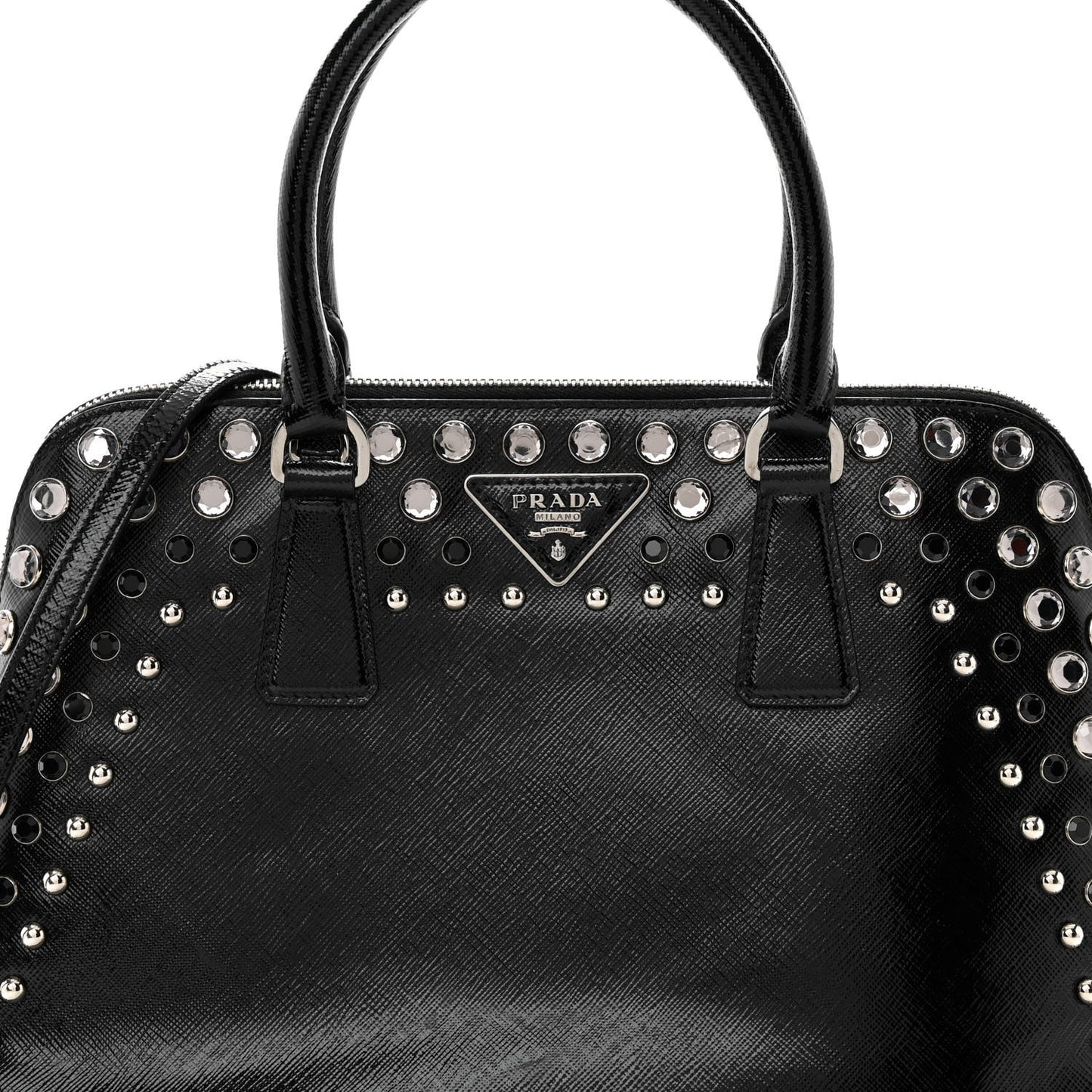 Saffiano Vernice Small Crystal Pyramid Bag Black
