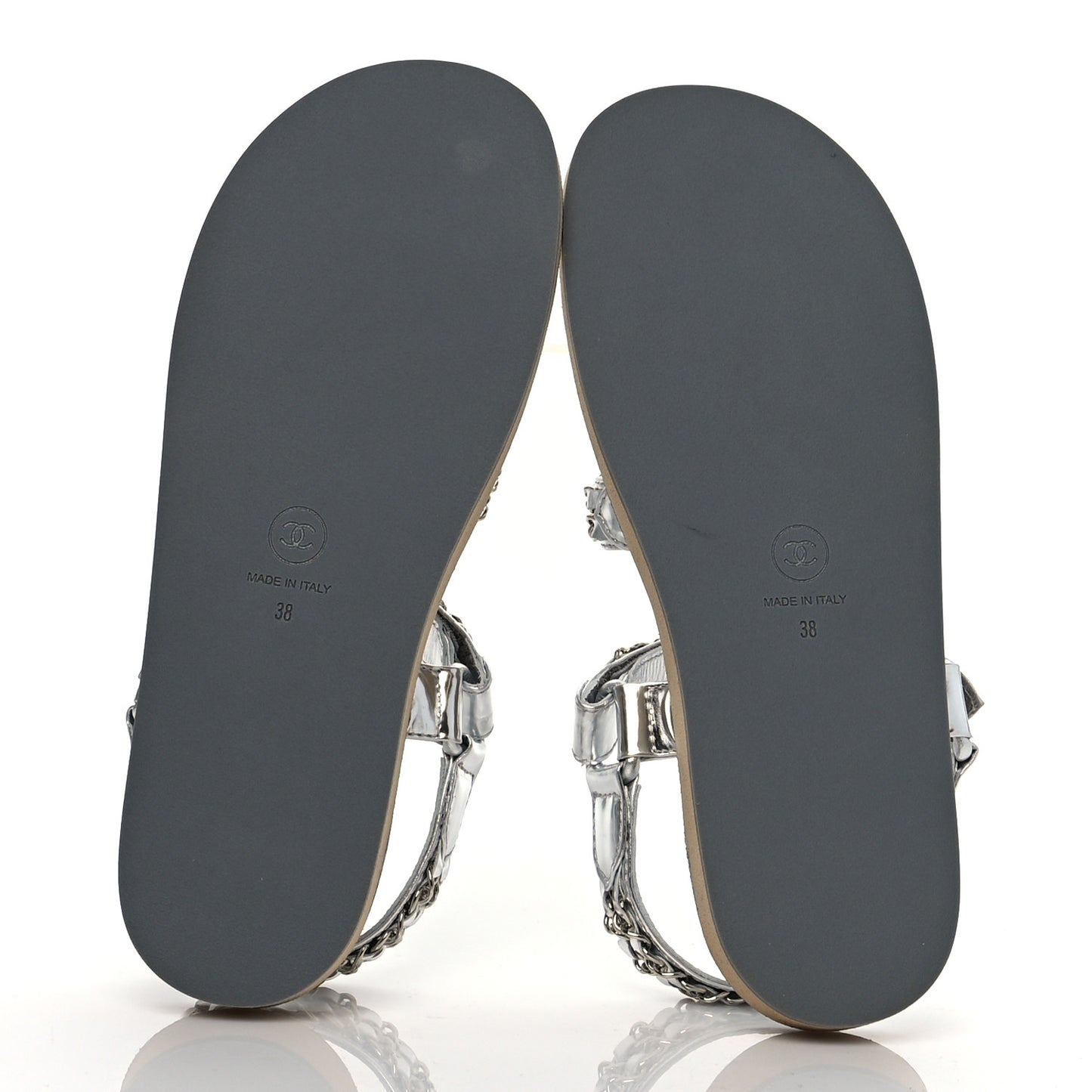 Metallic Calfskin Chain Flat Sandals 38 Silver