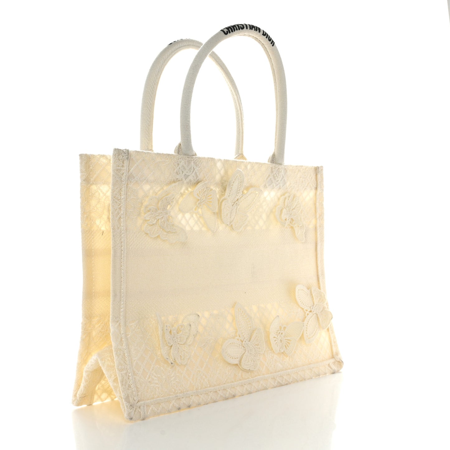 Embroidered 3D Macrame D-Lace Butterfly Medium Book Tote White
