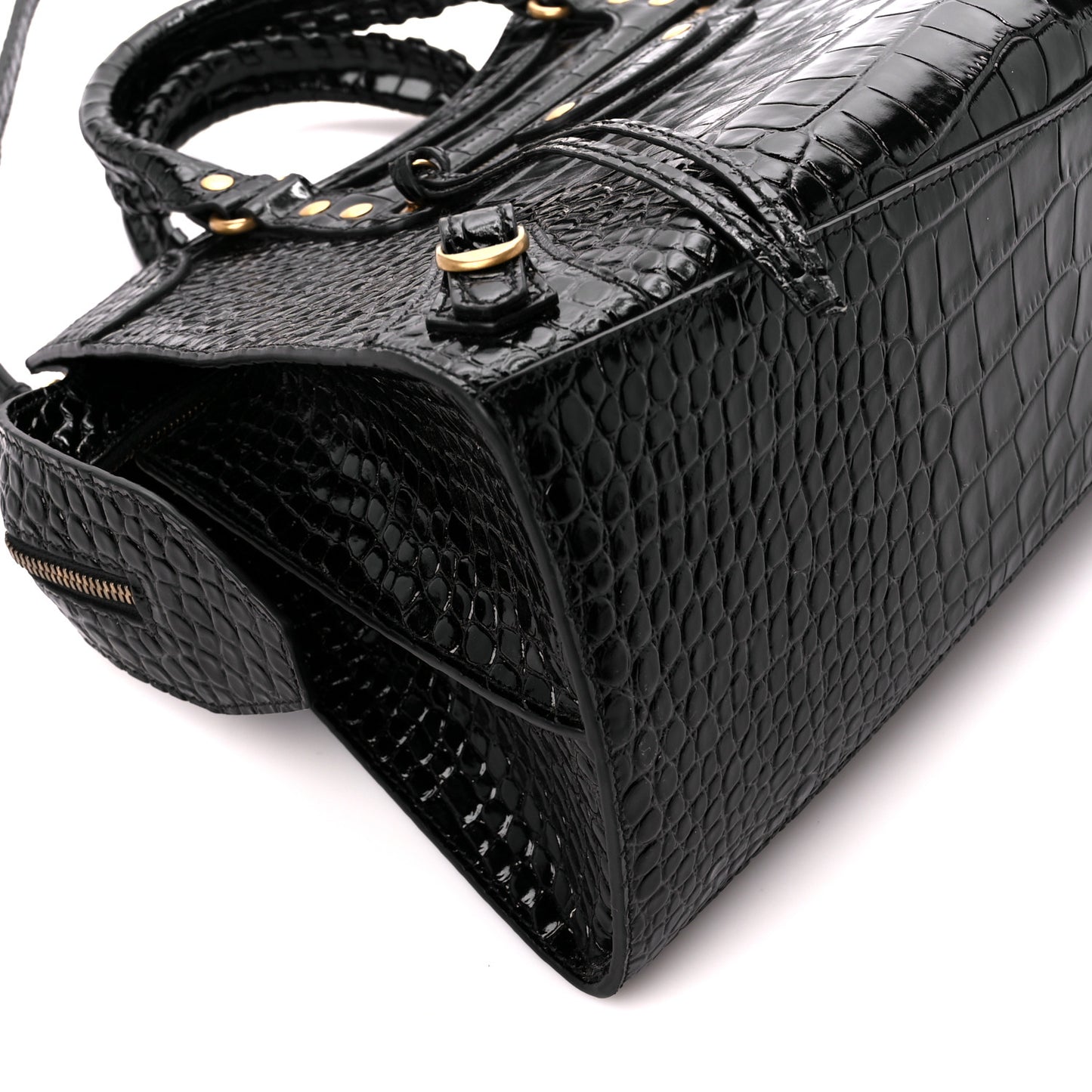 Shiny Supple Calfskin Crocodile Embossed Brass Hardware Neo Classic City Black