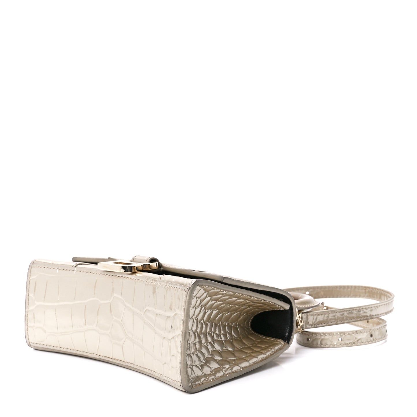 Metallic Shiny Calfskin Crocodile Embossed Hourglass Top Handle Bag XS Light Gold