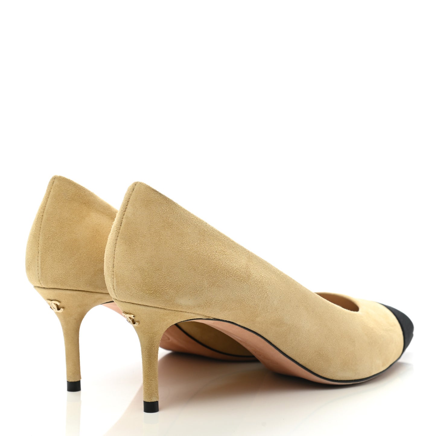 Kid Suede Grosgrain Cap Toe Pumps 37.5 Beige Black