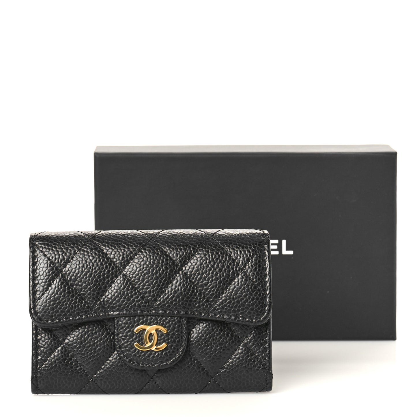 Caviar Quilted Flap Card Holder Wallet Black