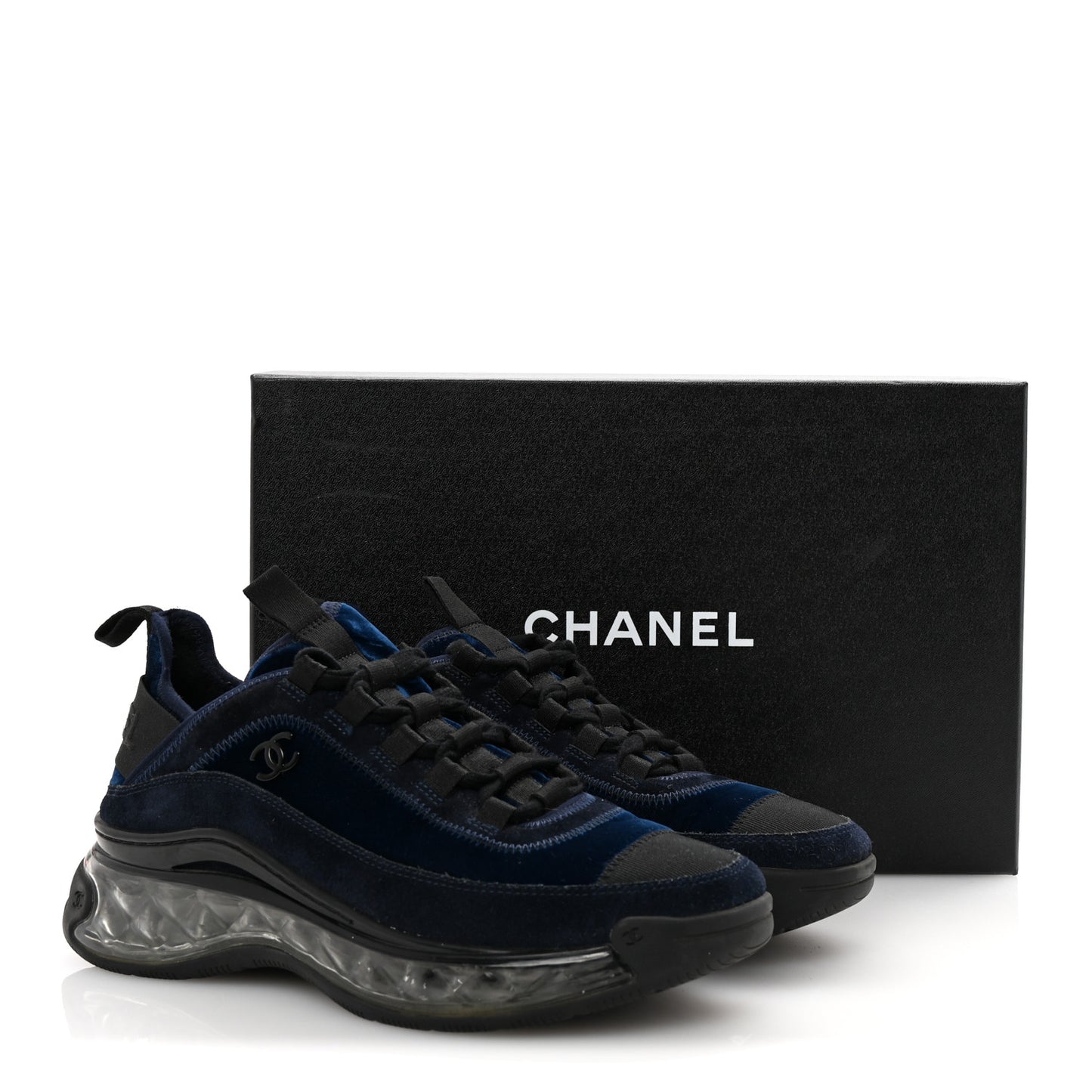 Suede Calfskin Velvet Grosgrain CC Sneakers 37 Navy Blue Black
