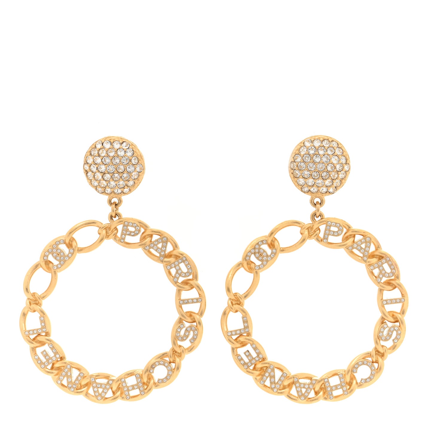Metal Crystal CC Paris Chain Link Hoop Earrings Gold