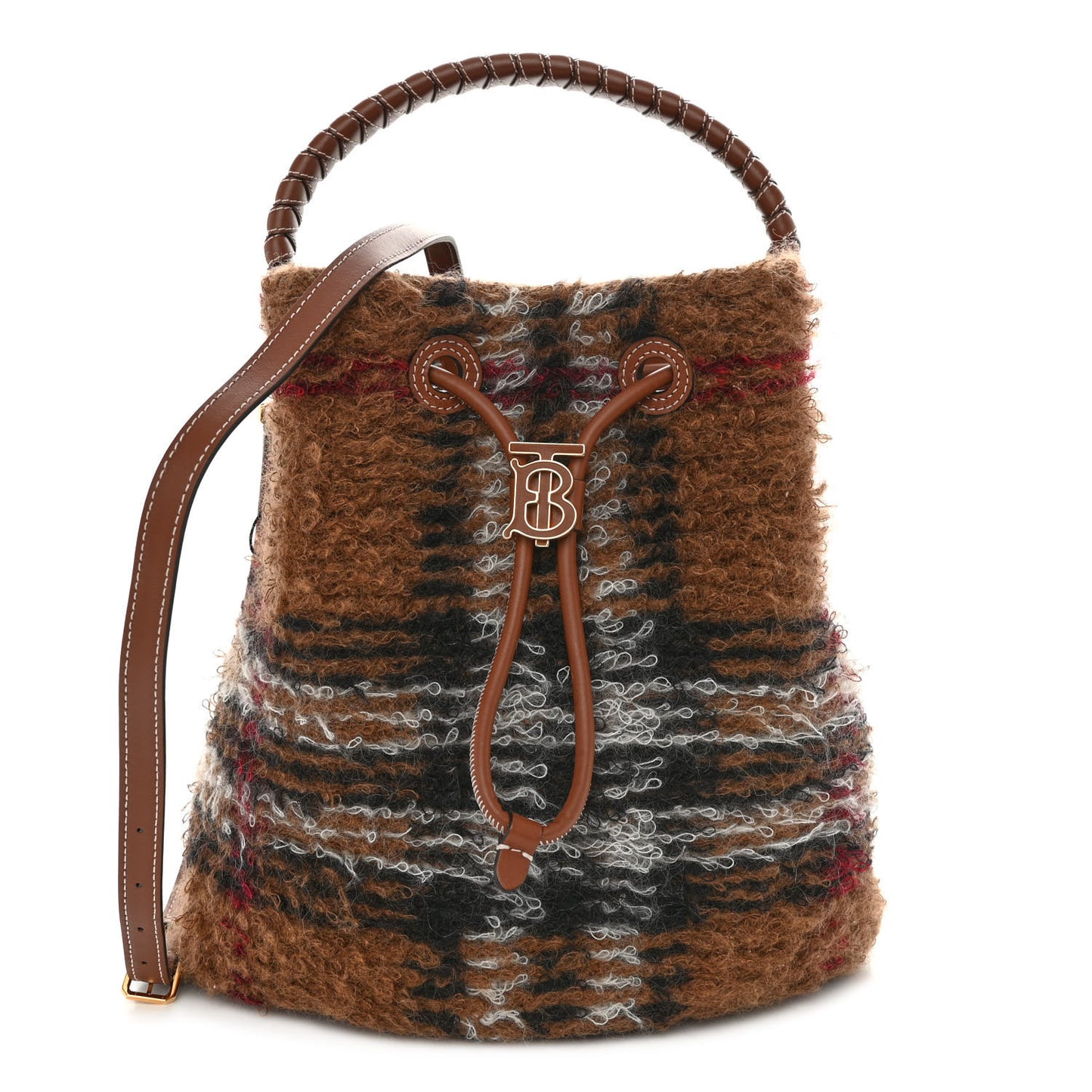 Mohair Check Calfskin TB Small Bucket Bag Brown