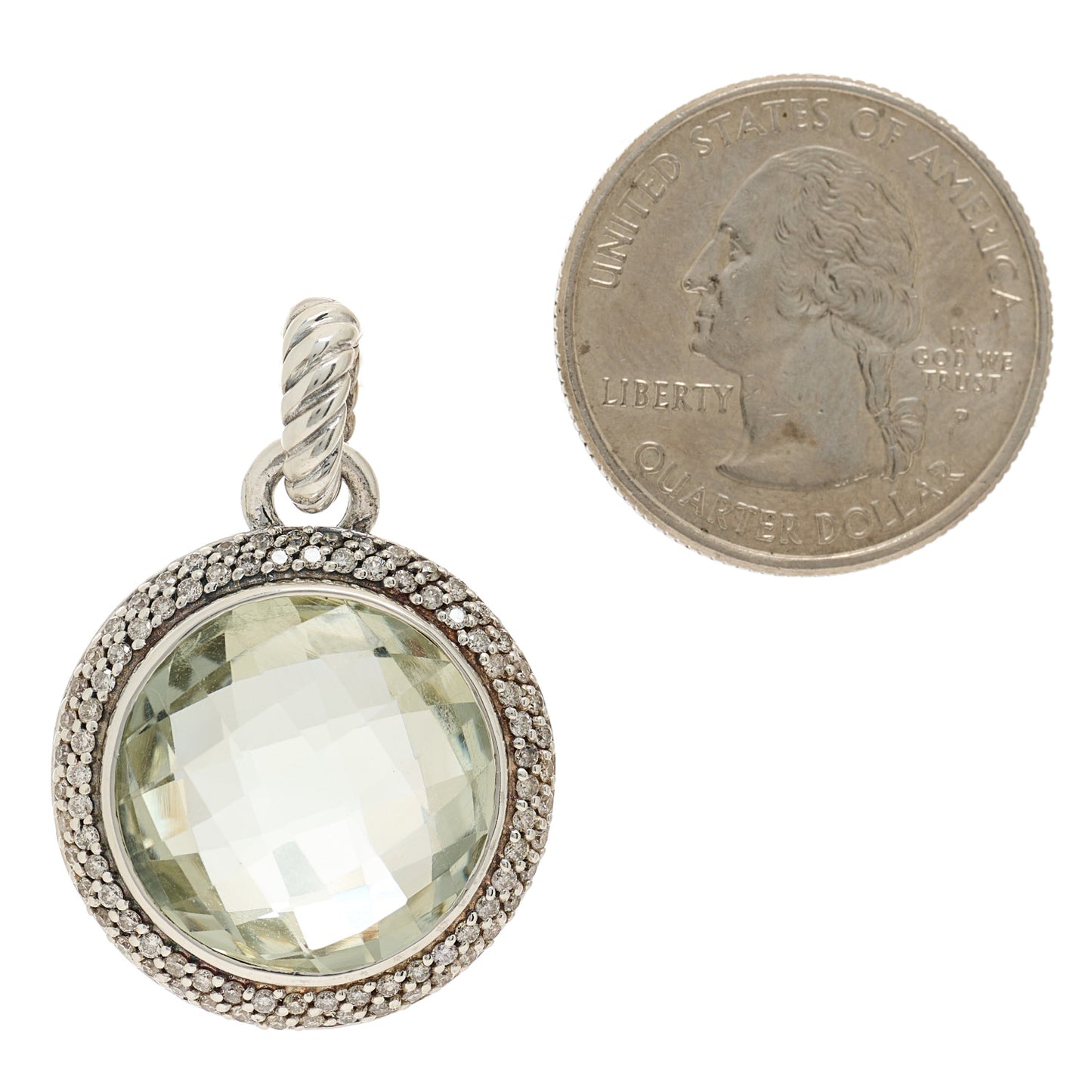 Sterling Silver Diamond Prasiolite 18mm Cerise Pendant