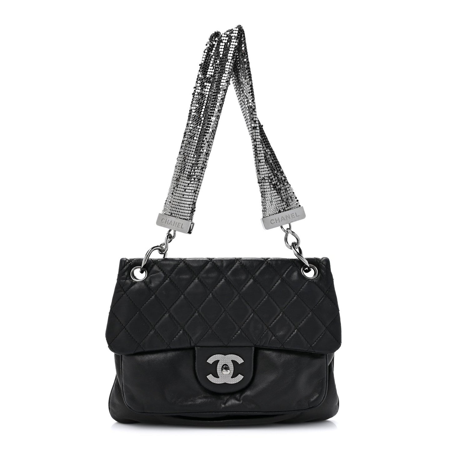 Lambskin Quilted Chain Mail Shoulder Bag Black