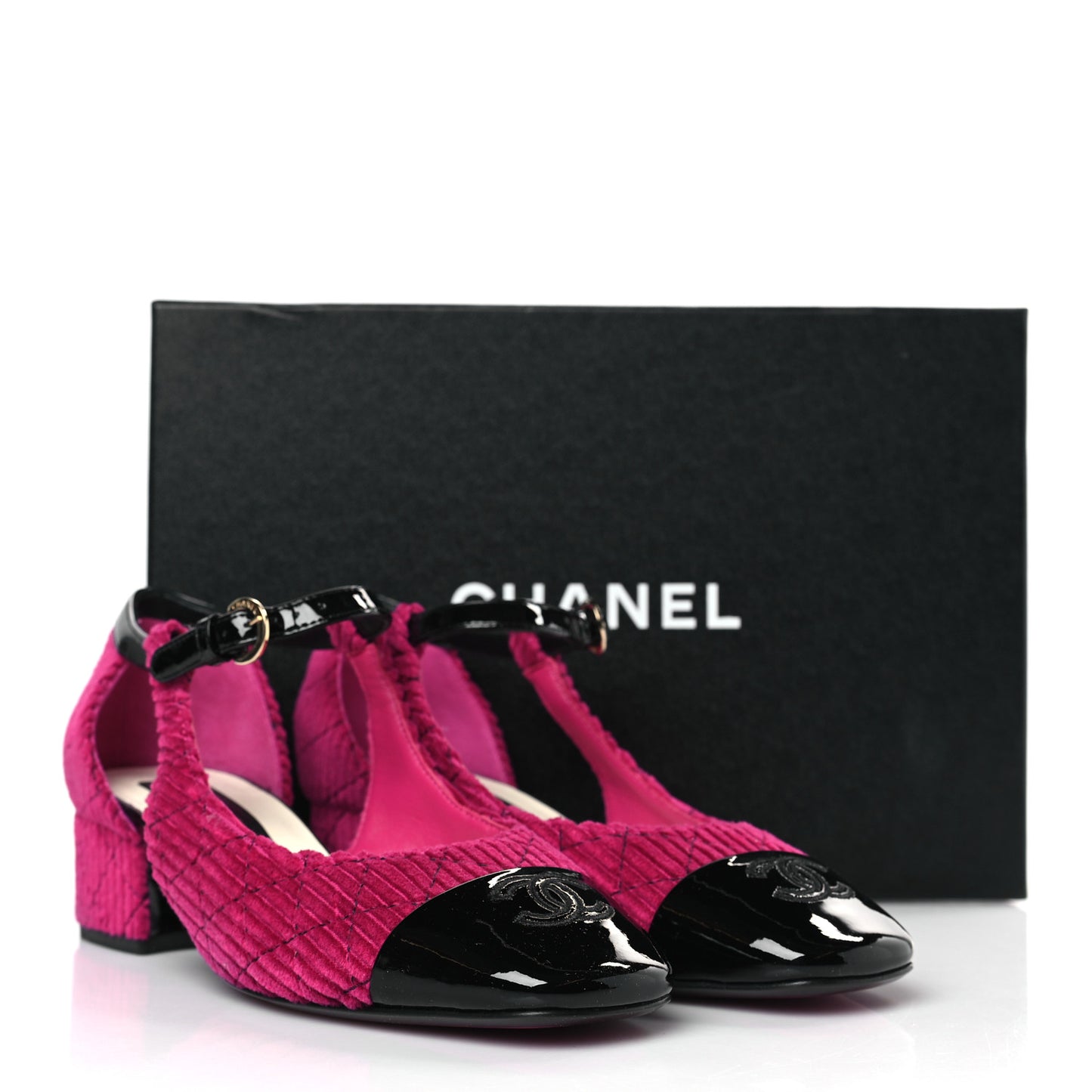 Corduroy Patent Calfskin Cap Toe Quilted Mary Jane Flats 37 Fuchsia Black
