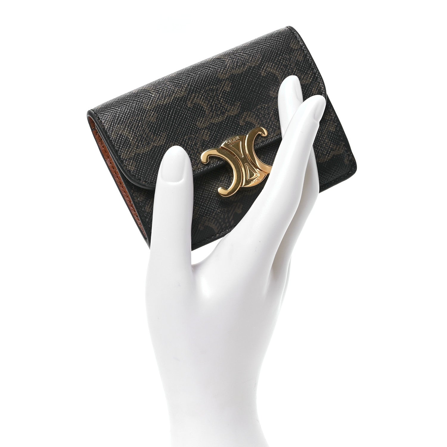 Celine Triomphe Canvas Calfskin Flap Card Holder Tan 2 of 9