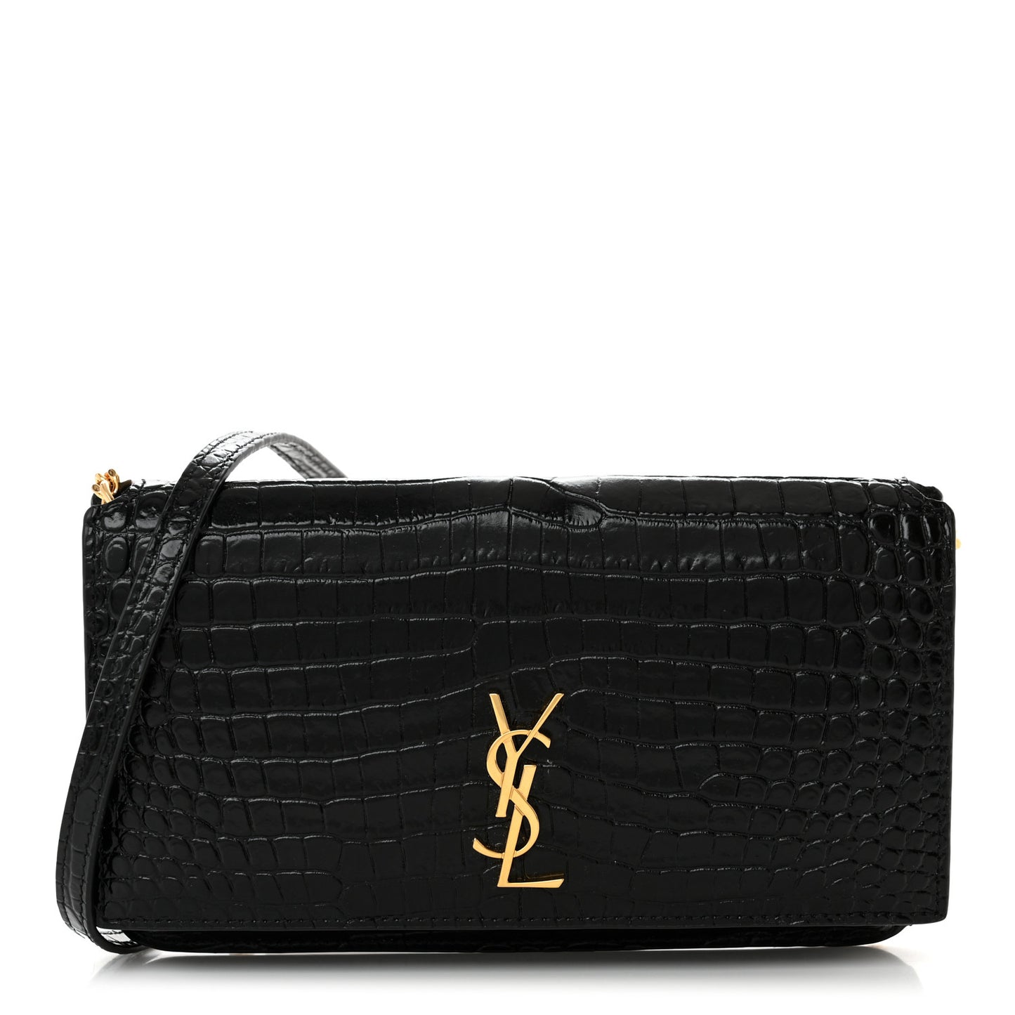 Crocodile Embossed Monogram Phone Holder Crossbody Black