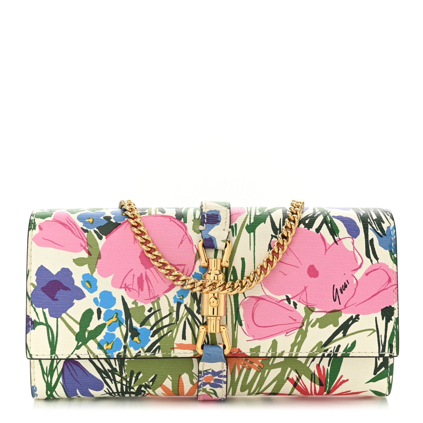 X KEN SCOTT New Shangai Calfskin Jardin D'Avril Floral Print Jackie 1961 Chain Wallet Ivory Pink