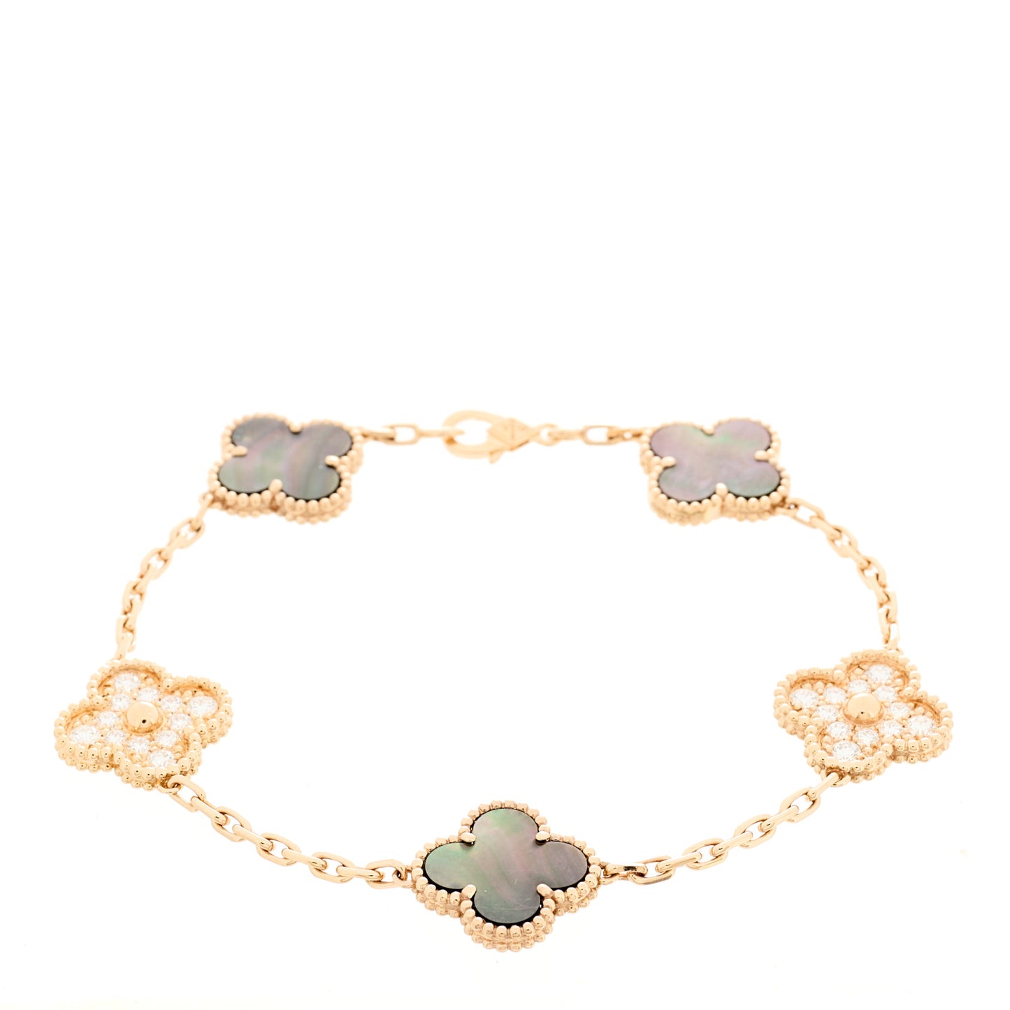 18K Rose Gold Diamond Gray Mother of Pearl 5 Motifs Vintage Alhambra Bracelet