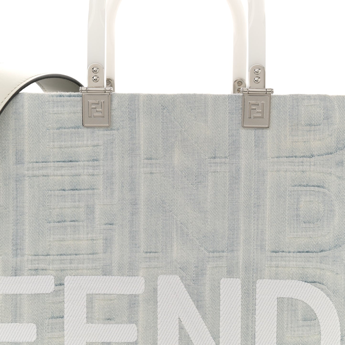 X MARC JACOBS Bleached Denim Vitello King Plexiglass Logo Medium Sunshine Shopper Tote Off White