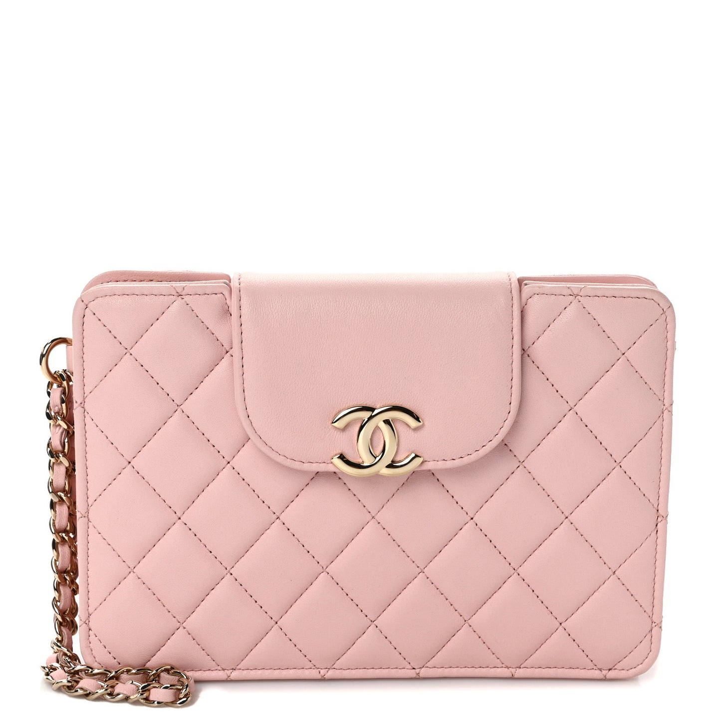 Lambskin Quilted CC Pouch Wristlet Pink