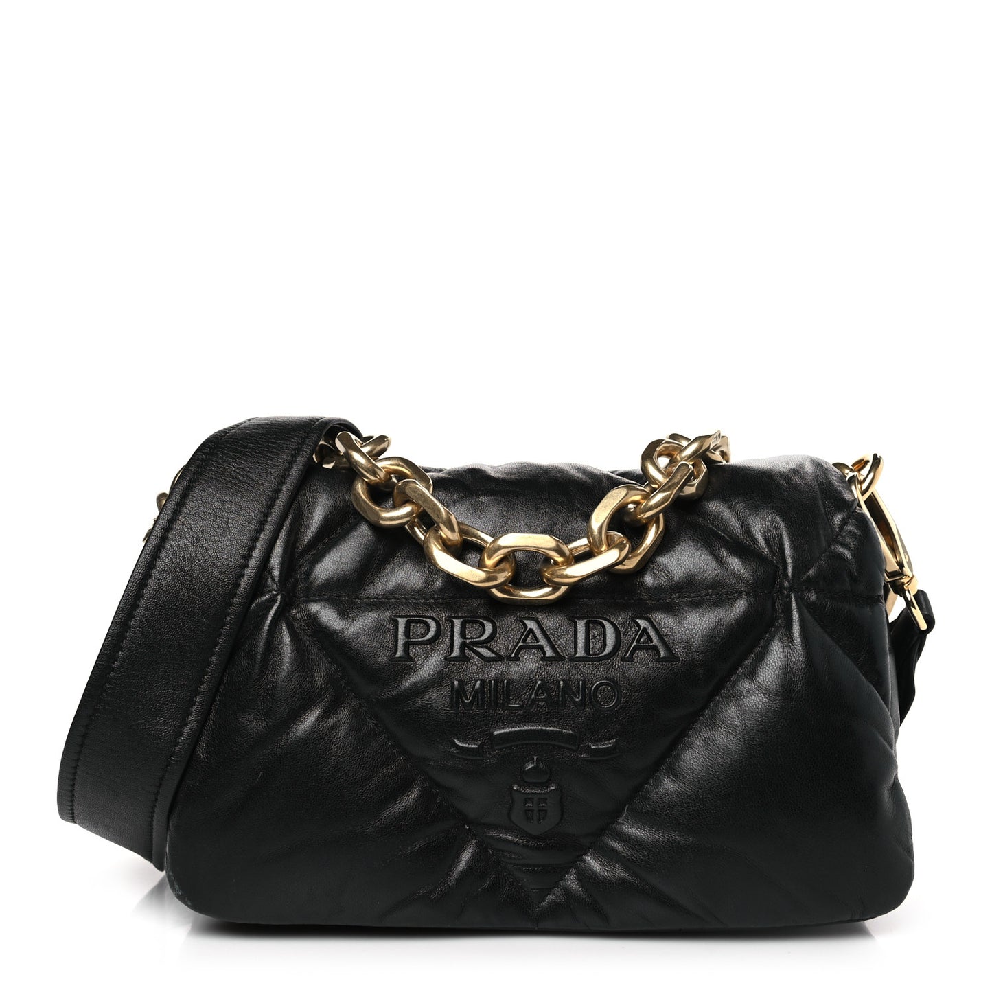 Nappa Soft Padded Logo Embossed Triangle Quilted Small Shoulder Bag Black