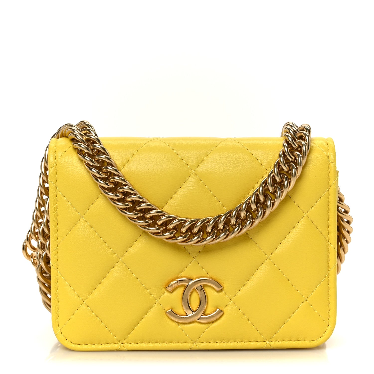 CHANEL イエロー キルティングケース Chanel Lambskin Quilted Enamel Logo Flap Card Holder On Chain