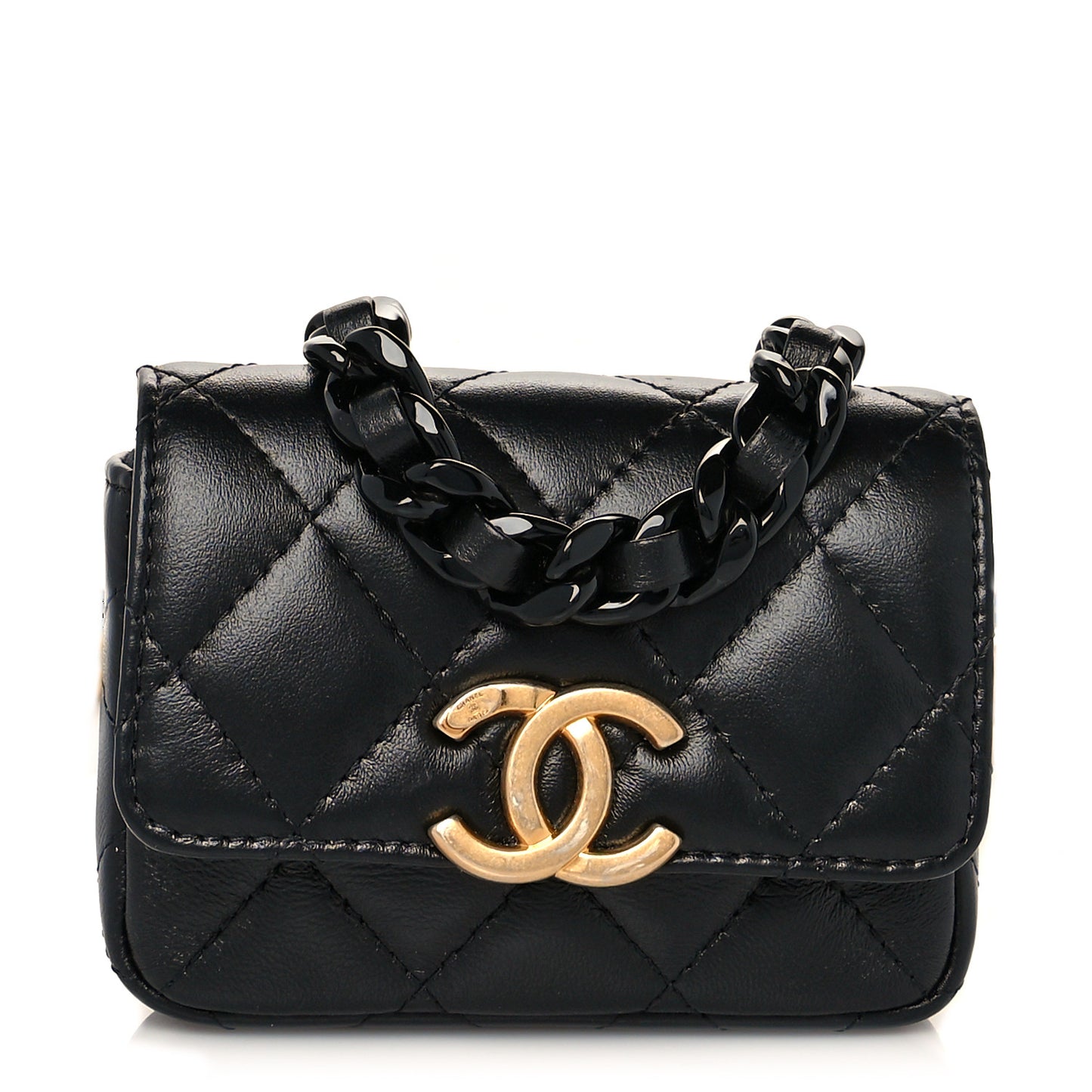 Lambskin Lacquered Metal Quilted Flap Chain Belt Bag Black