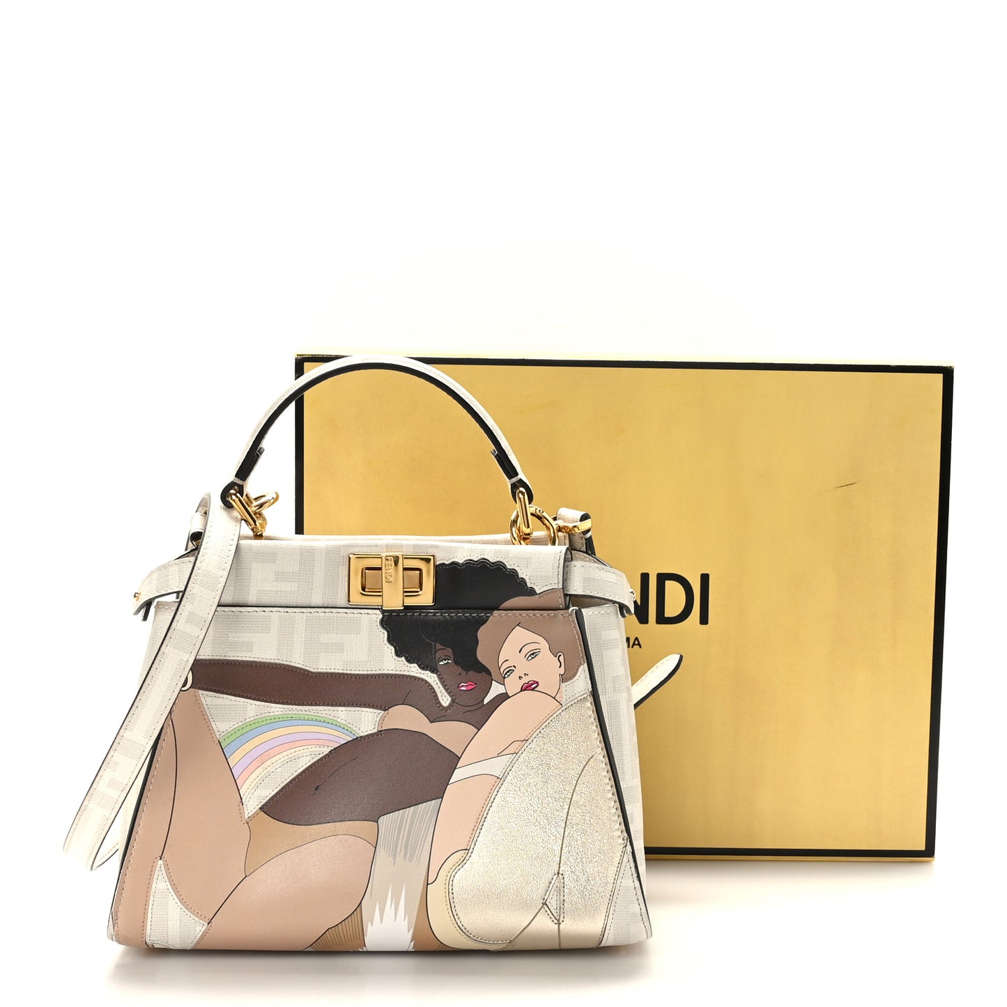 Glazed Fabric Nappa FF Disco Girls Inlay Mini Peekaboo Iconic Satchel Bianco Perla Multicolor