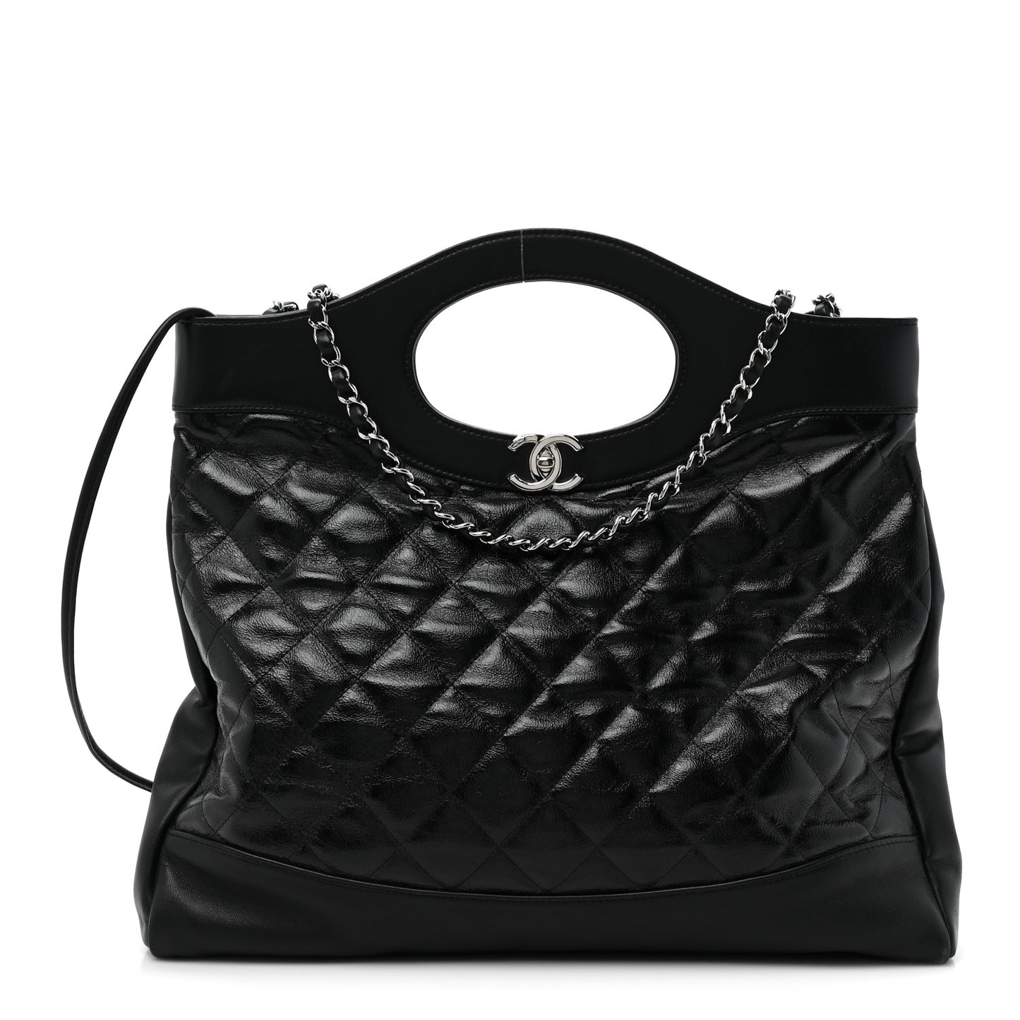 Shiny Aged Calfskin Quilted Large 31 Shopping Bag Black