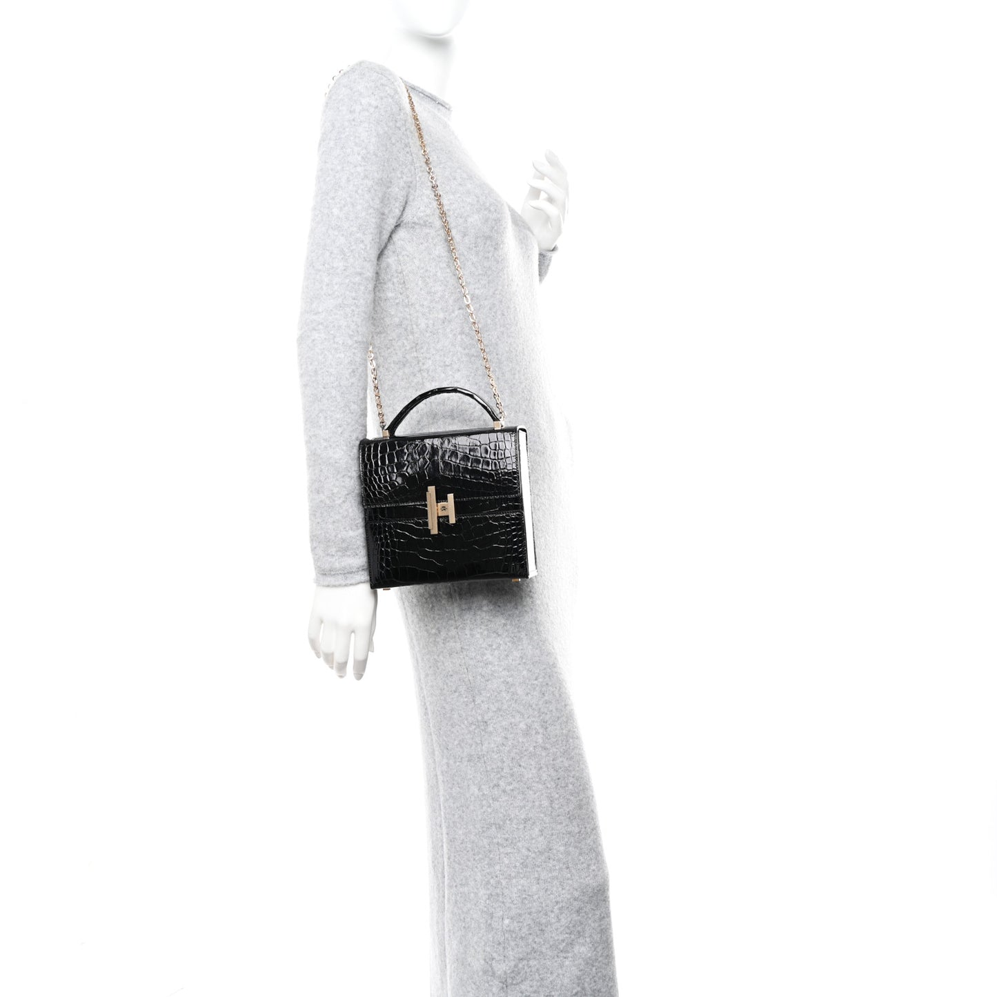 Shiny Alligator Cinhetic Boxy Top Handle Bag Black