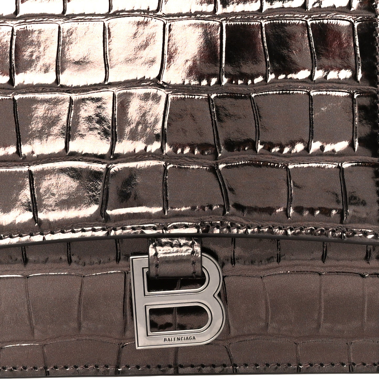 Shiny Metallic Calfskin Crocodile Embossed Hourglass Flap Flat Pouch Dark Bronze