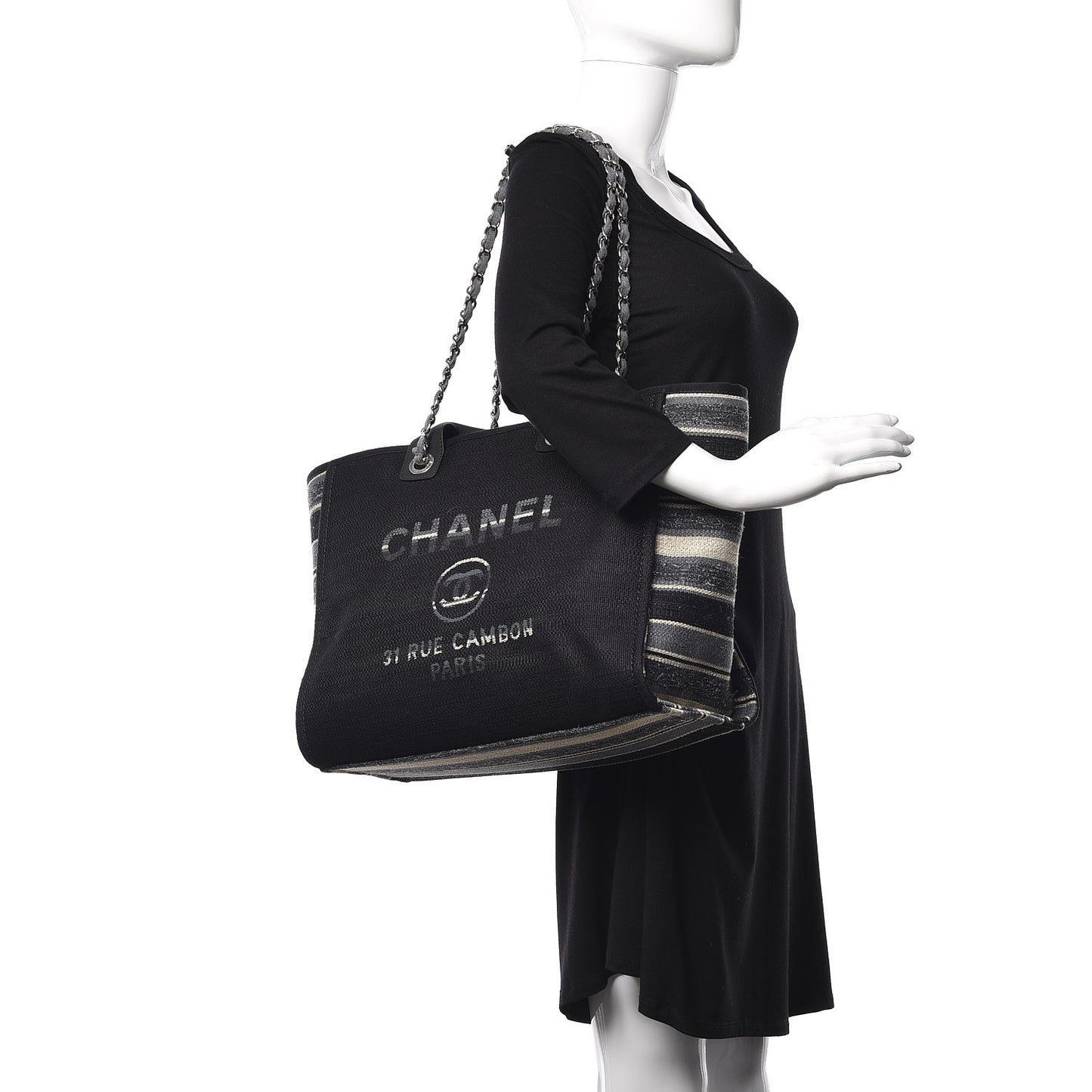 Striped Canvas Medium Deauville Tote Grey Black