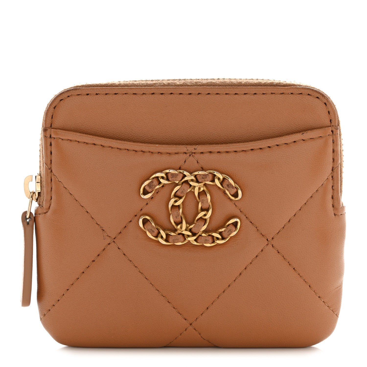 CHANELシャネル☆ブラウン ベージュ ミュール&保管袋・カード Chanel Lambskin Quilted Chanel 19 Zip Card Holder Wallet Brown