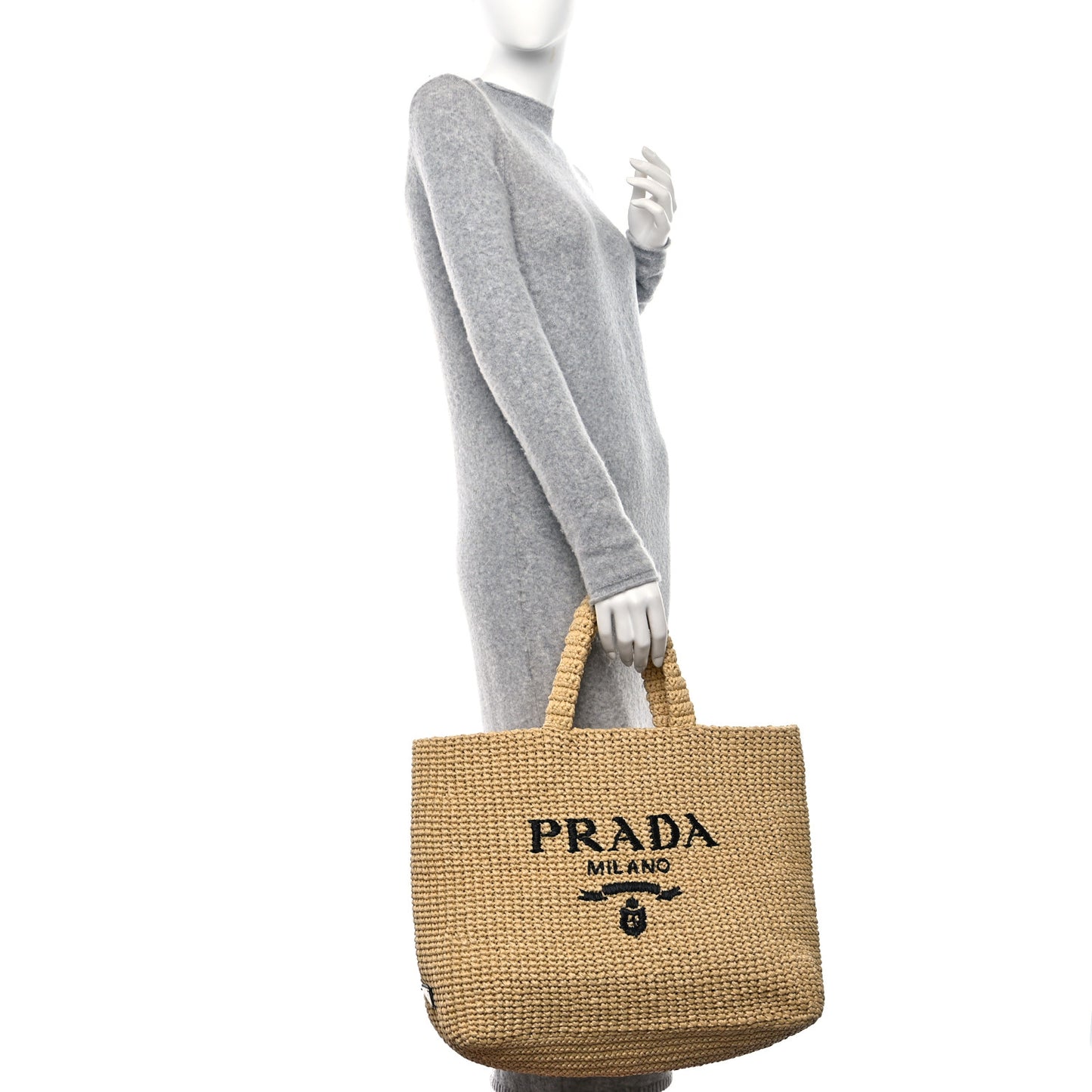 Yarn Raffia Effect Crochet Embroidered Logo Tote Naturale