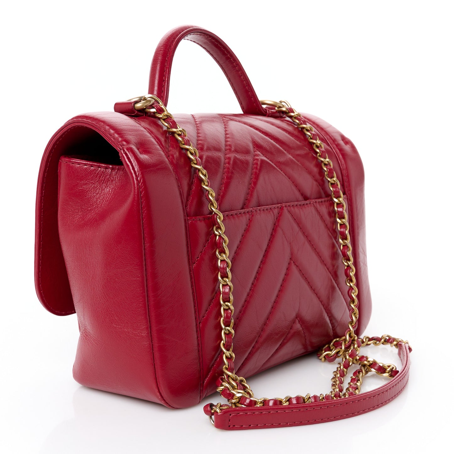 Calfskin Chevron Quilted Top Handle Flap Red