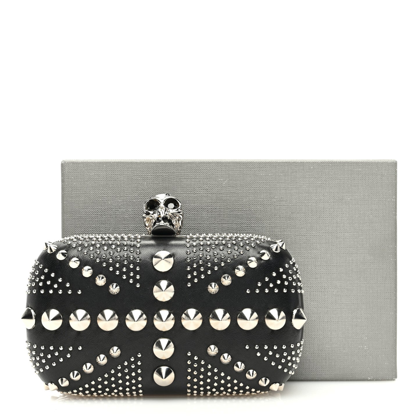 Calfskin Studded Britannia Skull Box Clutch Black