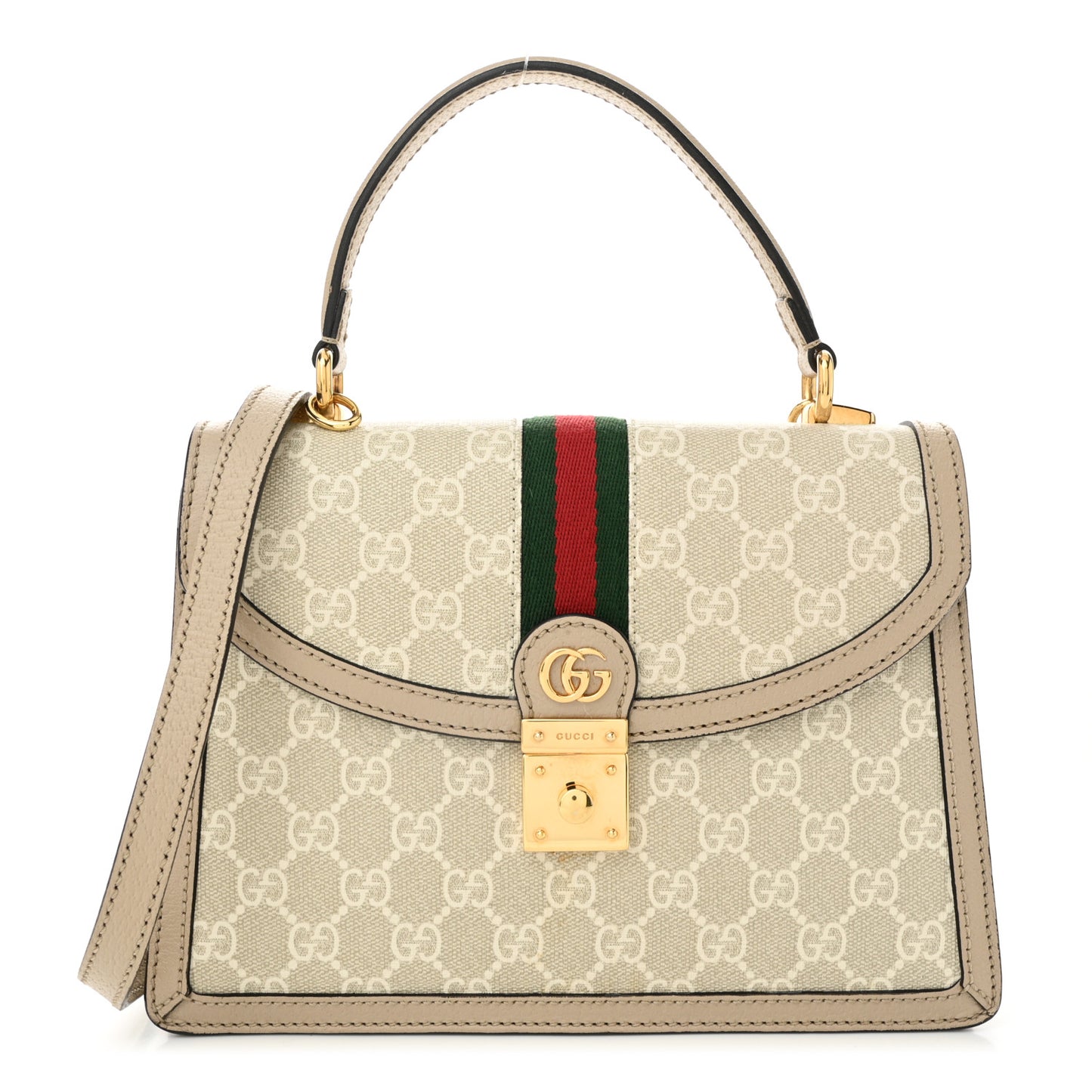 GG Supreme Monogram Textured Dollar Calfskin Web Small Ophidia Padlock Top Handle Bag Beige Mystic White Oatmeal