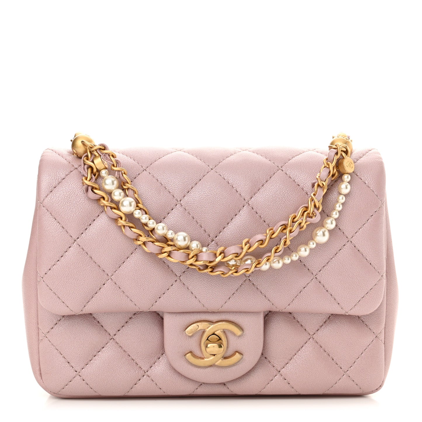 Shiny Lambskin Quilted Pearl Twist Mini Square Flap Light Pink