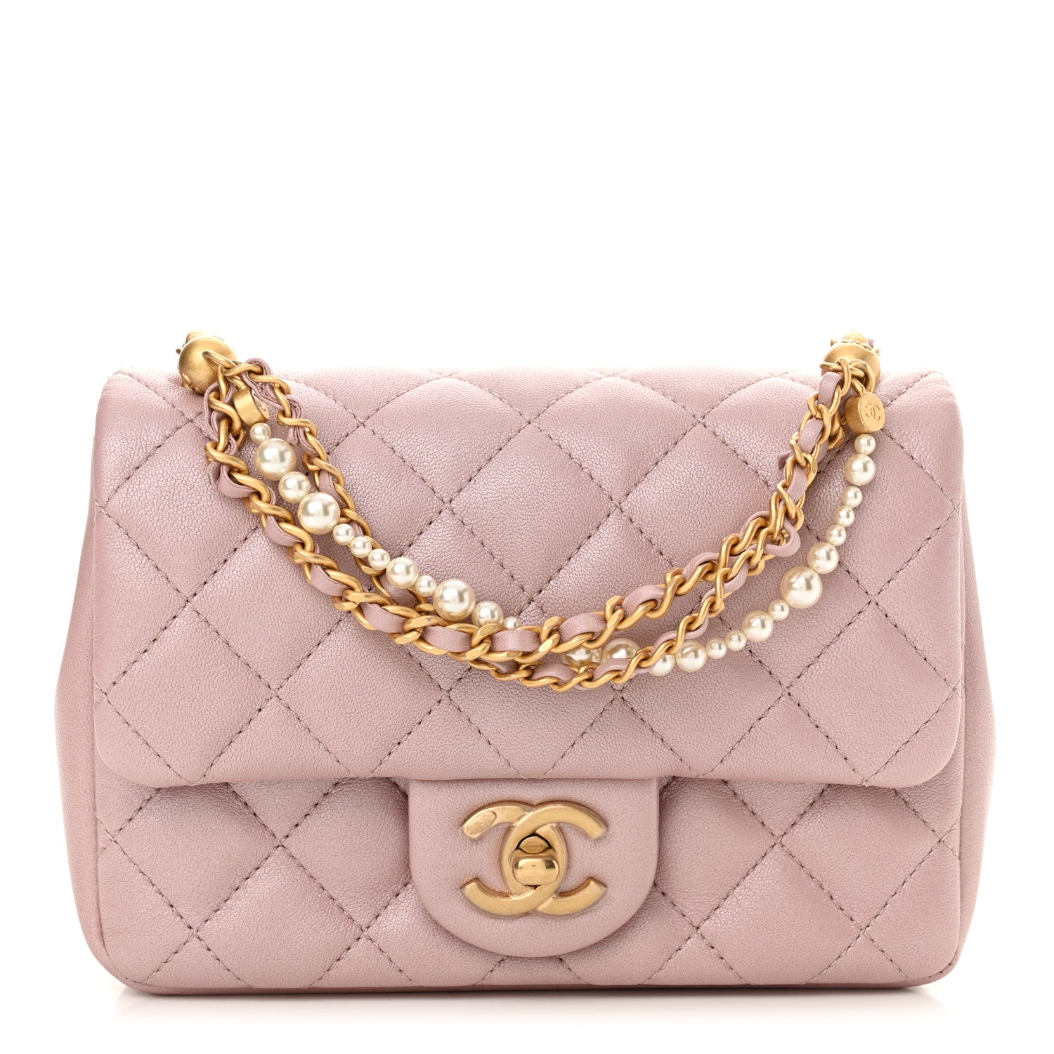 Chanel Shiny Lambskin Quilted Pearl Twist Mini Square Flap Light Pink 1 of 11