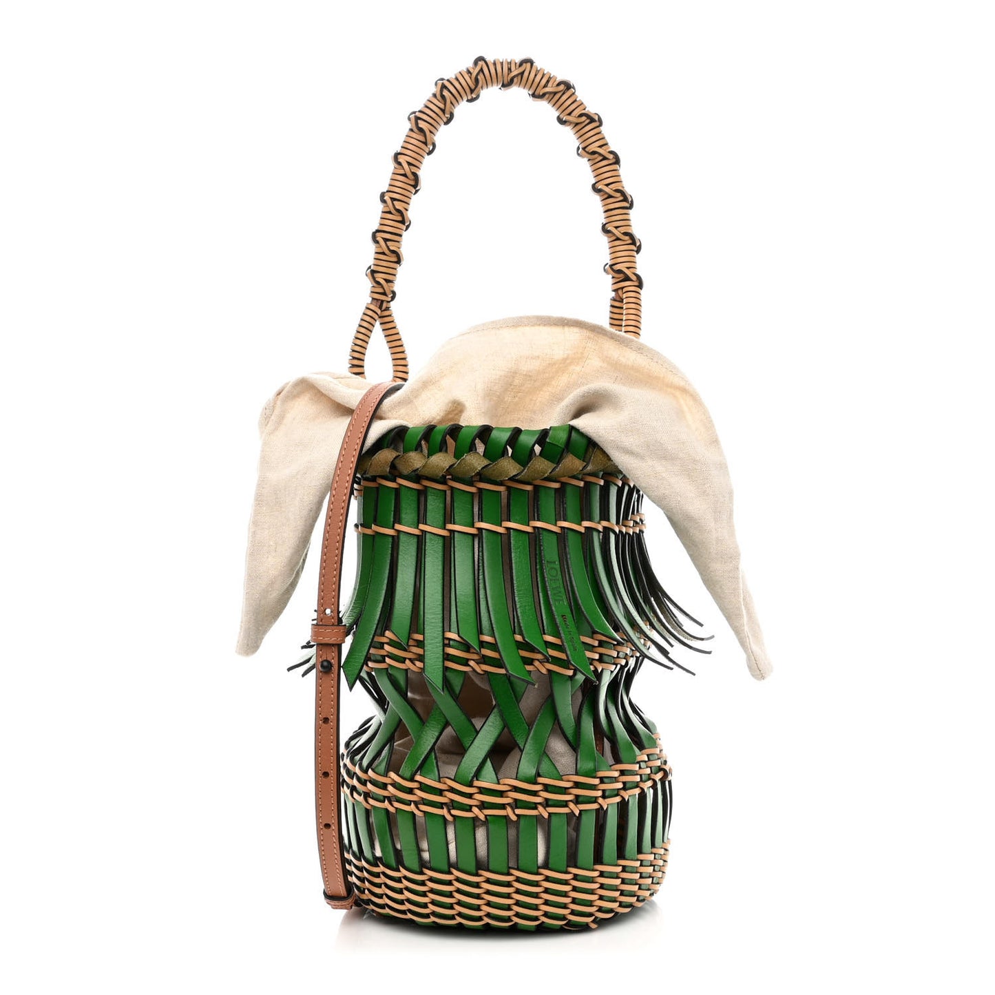 Calfskin Woven Fringes Bucket Bag Green Honey