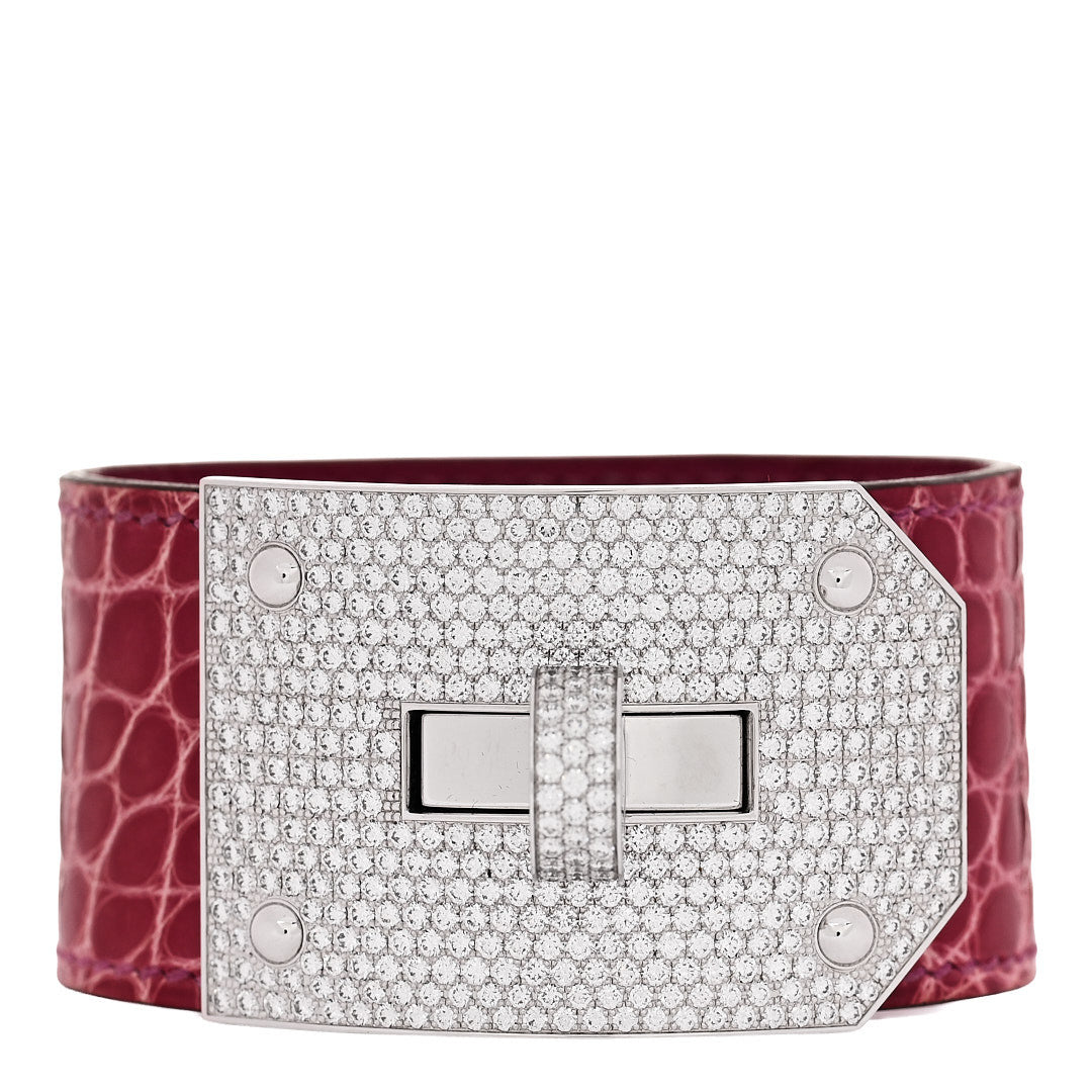Hermes 18K White Gold Diamond Crocodile Kelly Bracelet Fuchsia