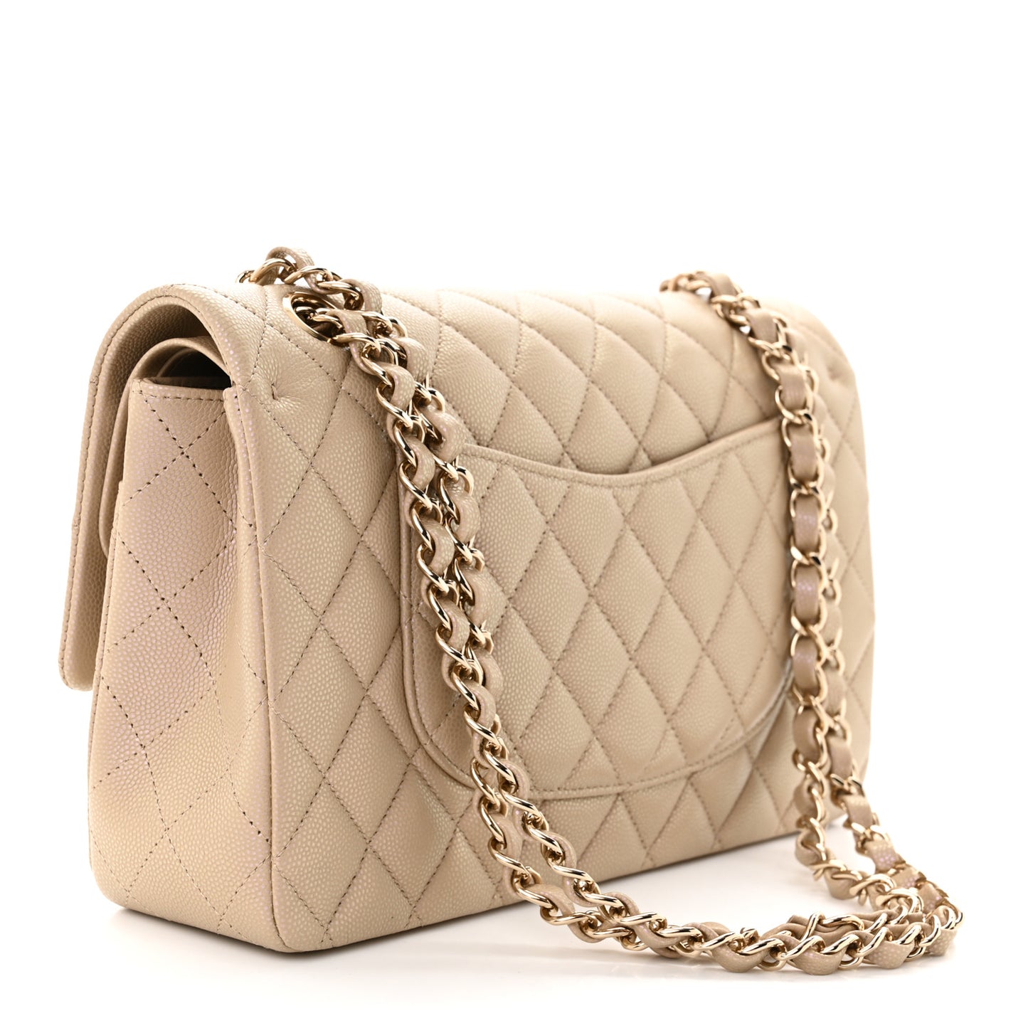 Iridescent Caviar Quilted Medium Double Flap Dark Beige